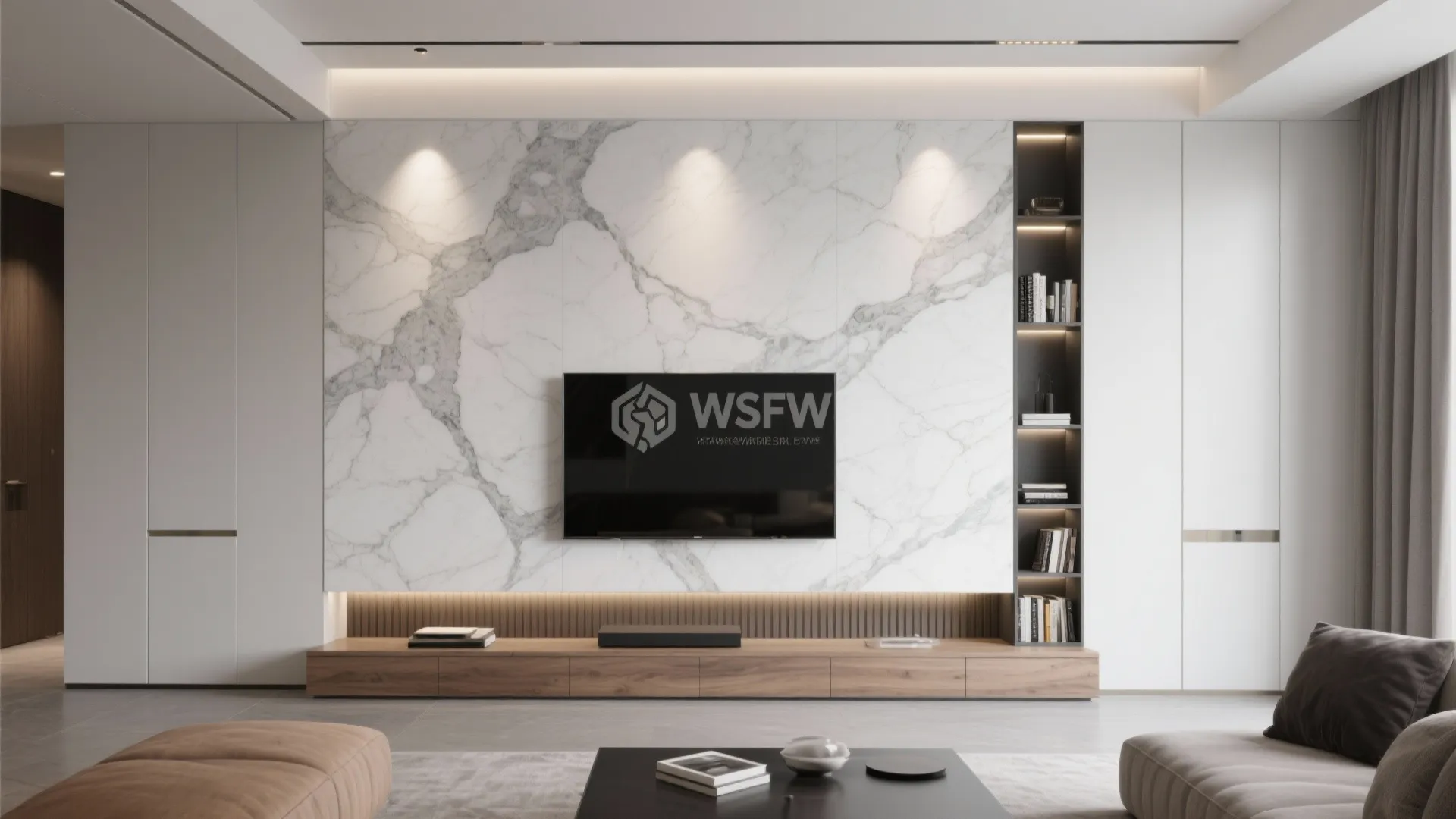 Floor-to-ceiling porcelain slab feature wall with vein matching, recessed TV, and slim integrated niches in a modern living room.