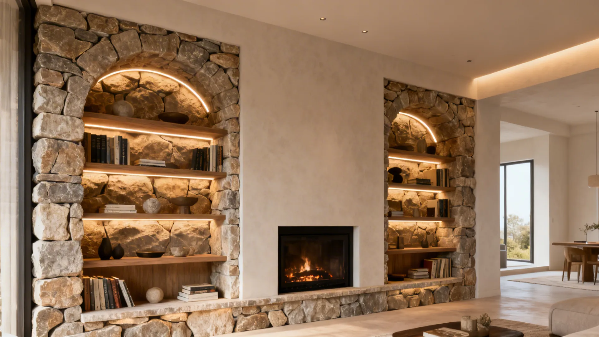 Cozy living room with stone-lined niches and built-in shelving lit by recessed LED strips.