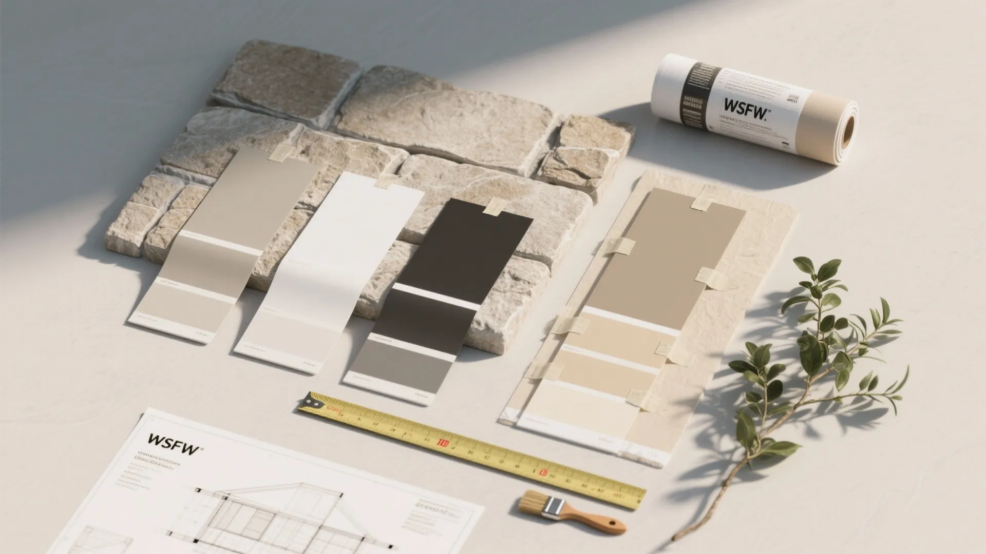 Material selection desk with stone samples color swatches yellow measuring tape small brush and paper plan