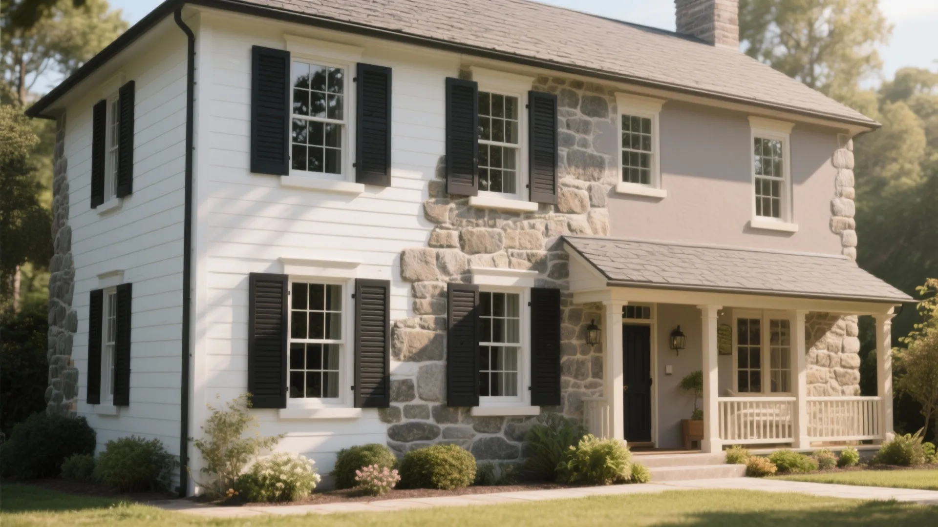 Two story white house with black shutters stone wall sections front porch and green garden plants