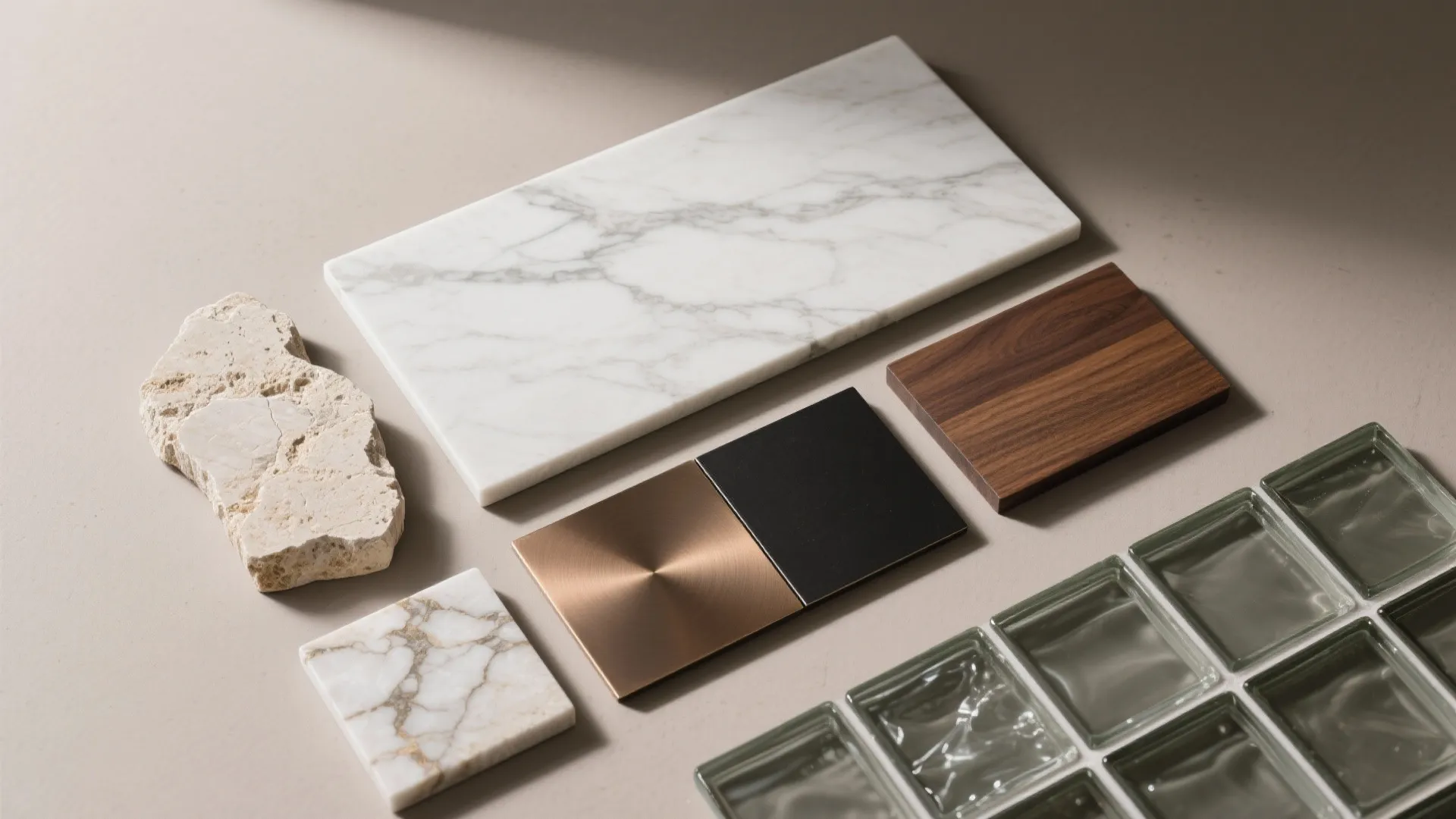 Interior design material samples including white marble wood metal tiles and stones on grey background