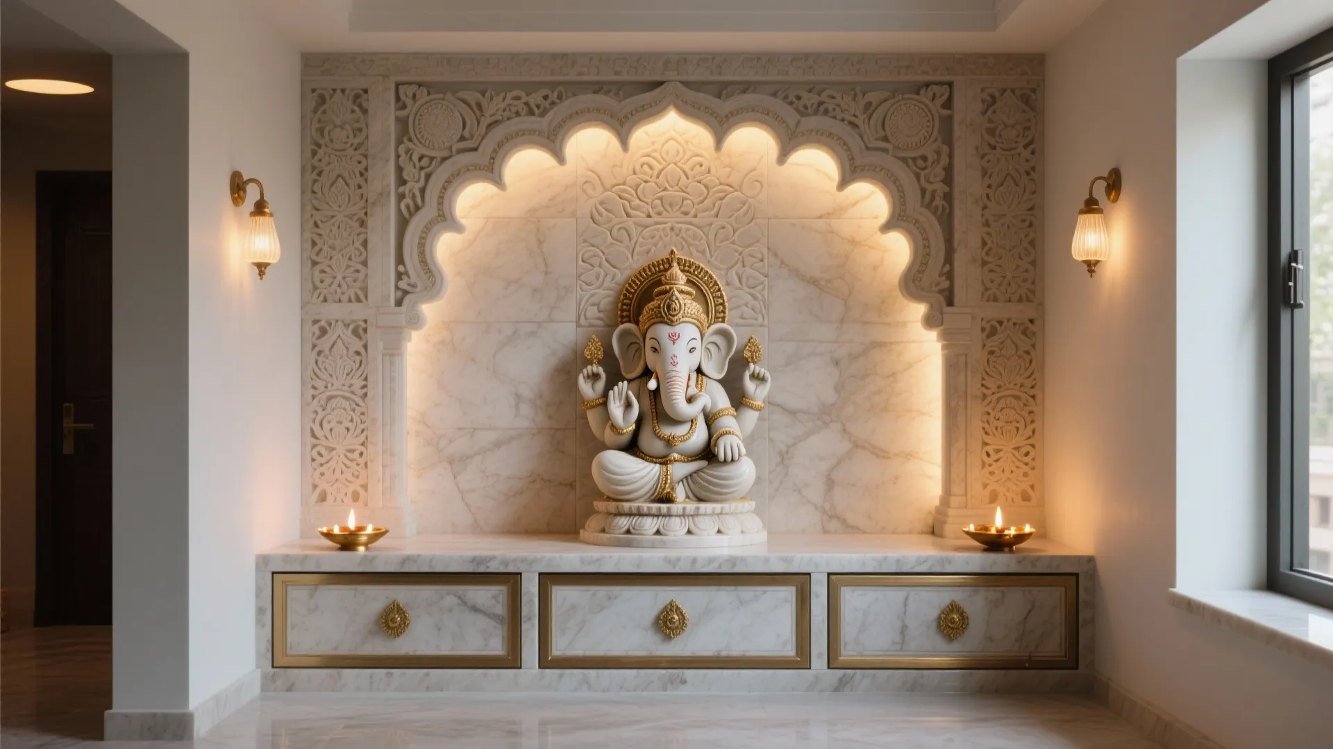 White marble room with elephant statue carved wall panel warm wall lights and small candles