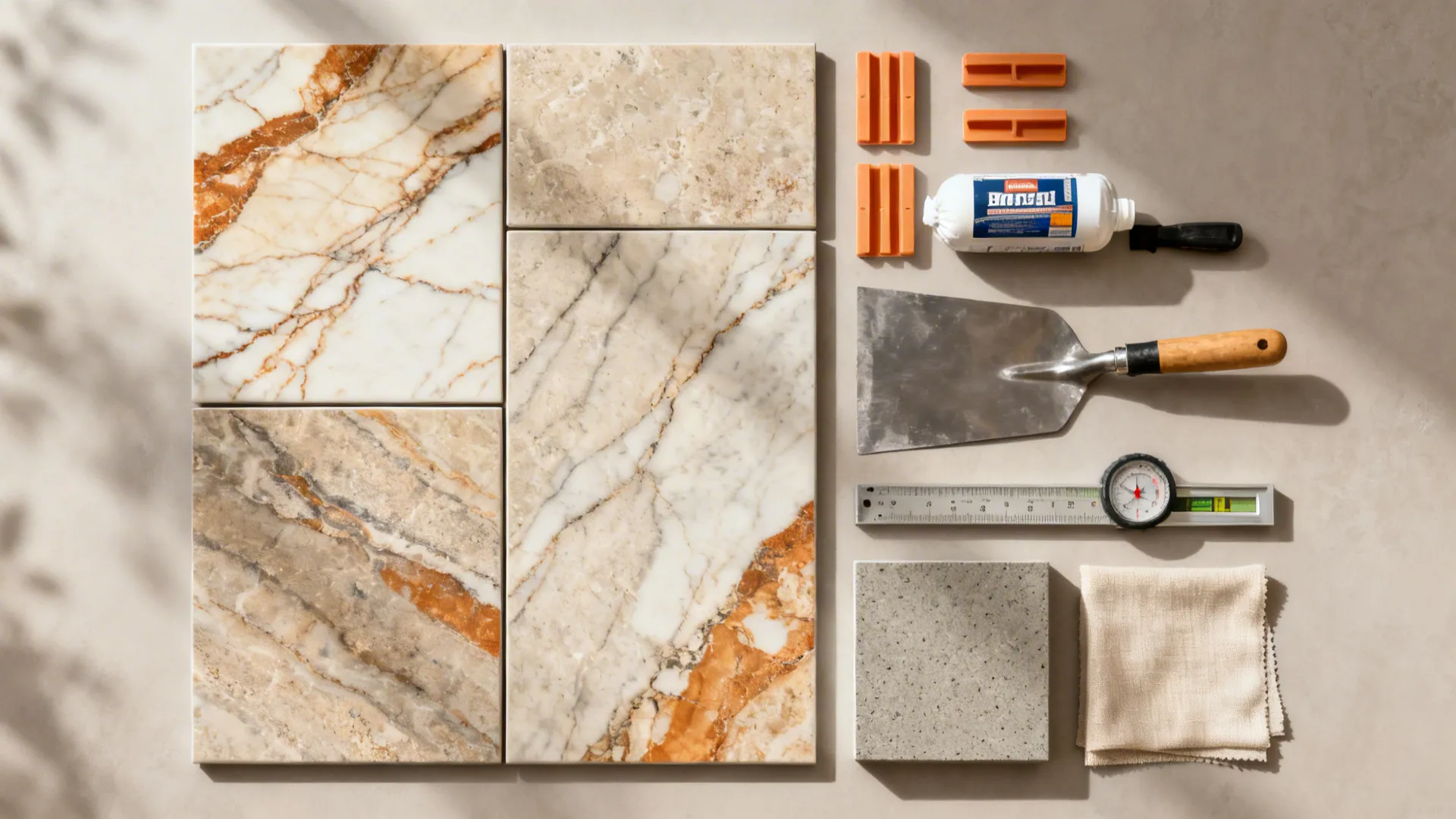 Top-down flatlay of porcelain slab samples, tools, spacers, and honed finish pieces.