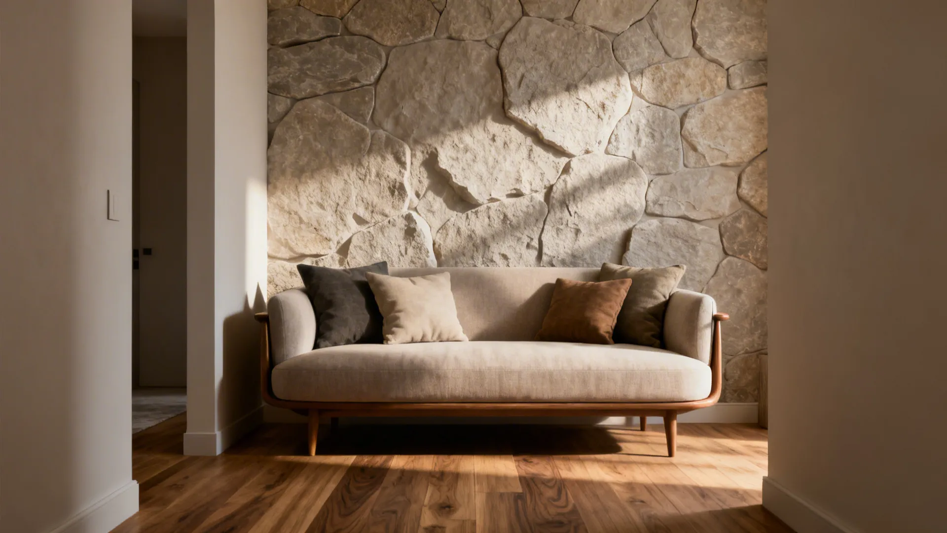 Narrow living room with subtle stone-effect 3D wallpaper behind a sofa, creating a cozy grounded feel