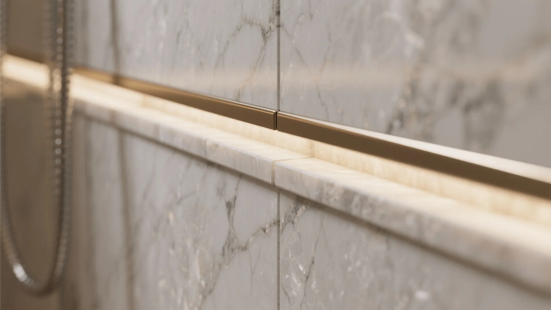 Close up of marble wall panel with built in warm light strip and gold metal trim