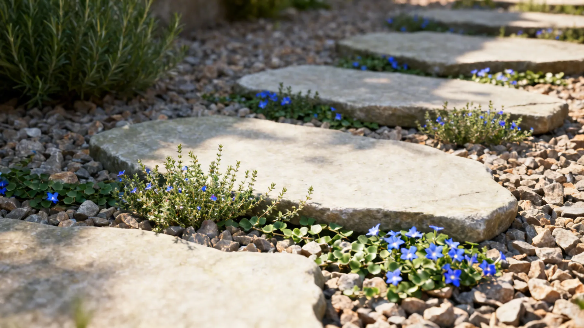 Irregular stepping stones with thyme growing in the joints on crushed rock.