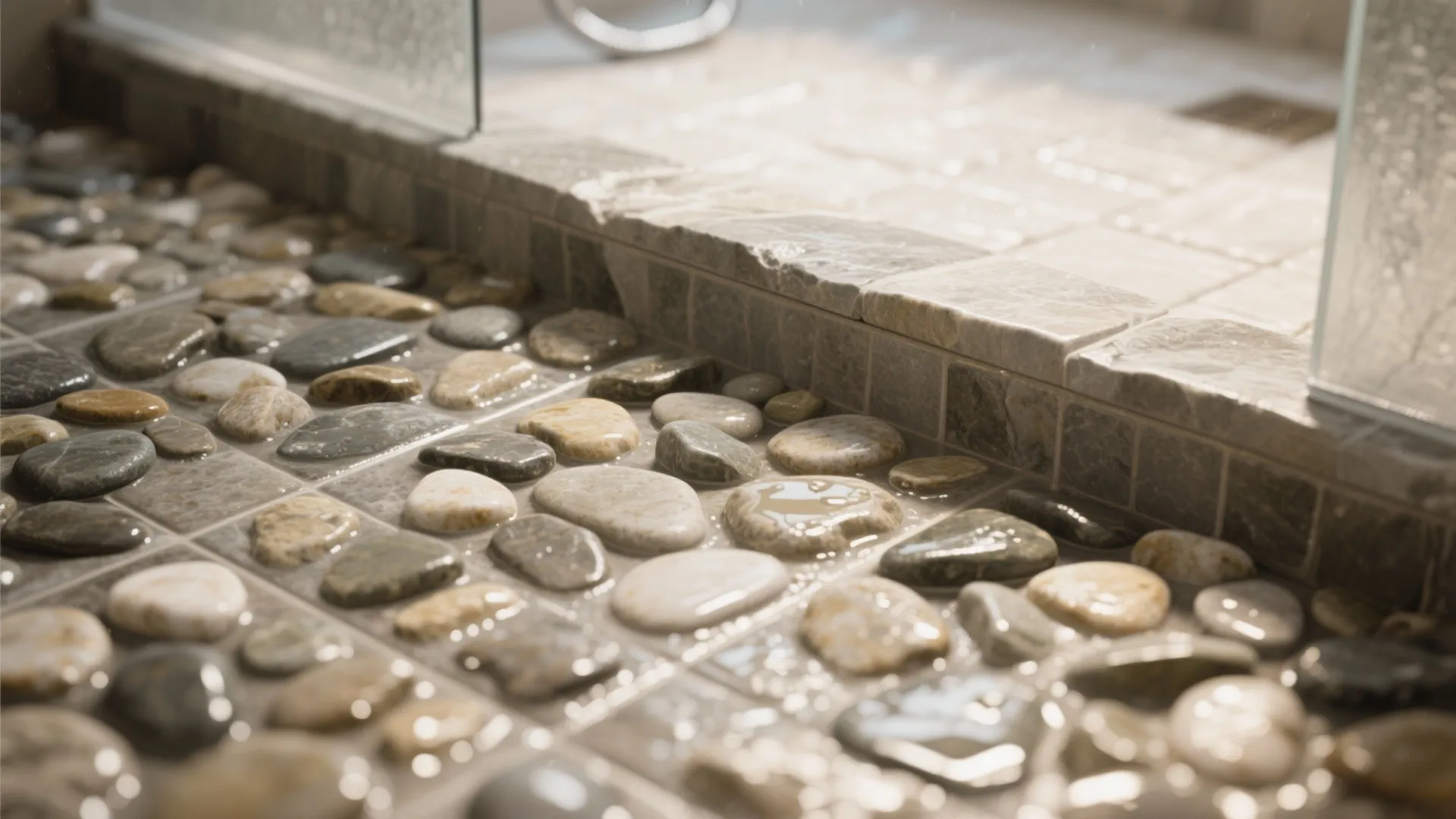 Natural stone pebble floor inside a modern shower area with wet smooth rocks and tiles