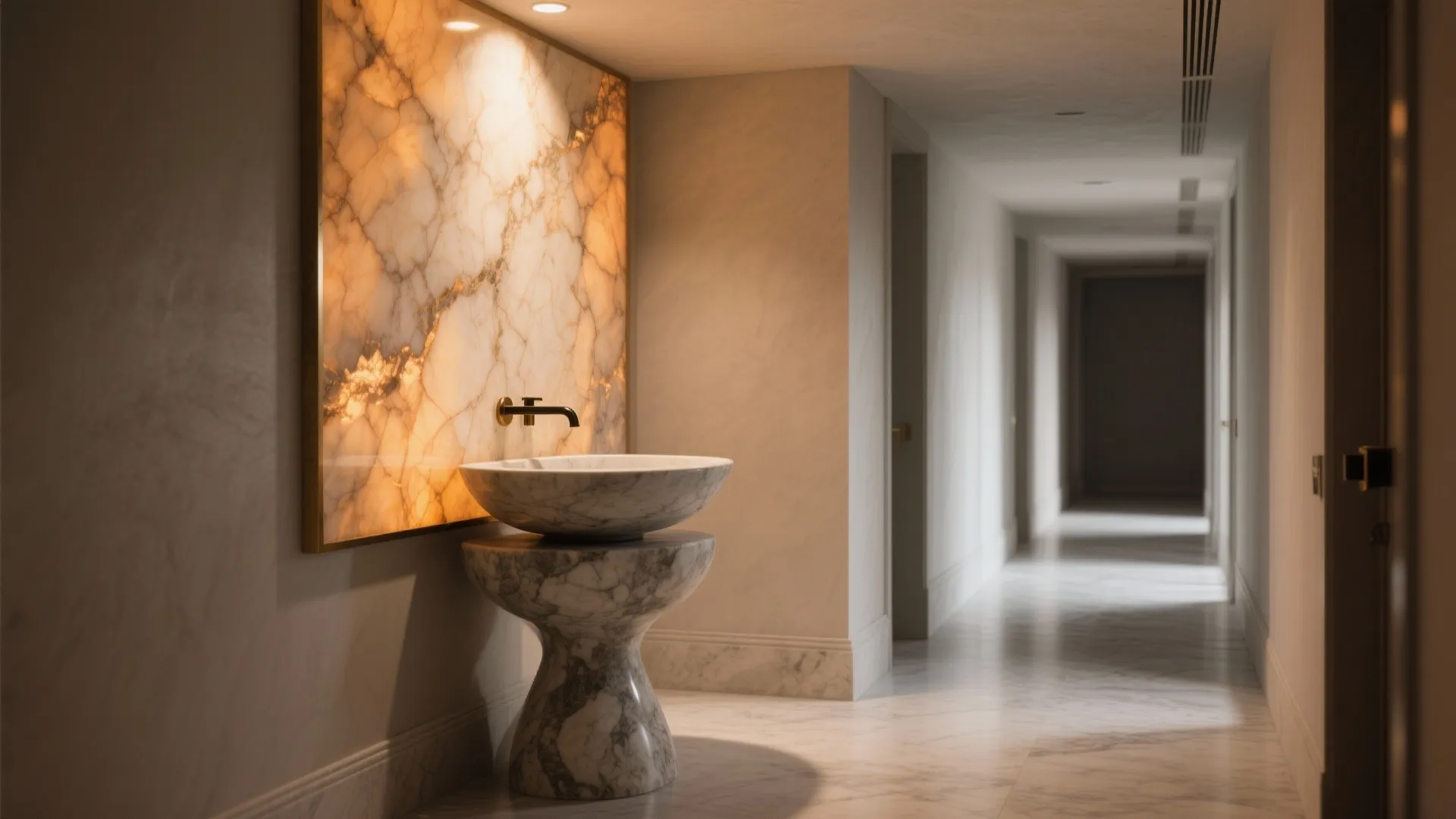 2) Sculptural Stone Pedestal with Backlit Slab