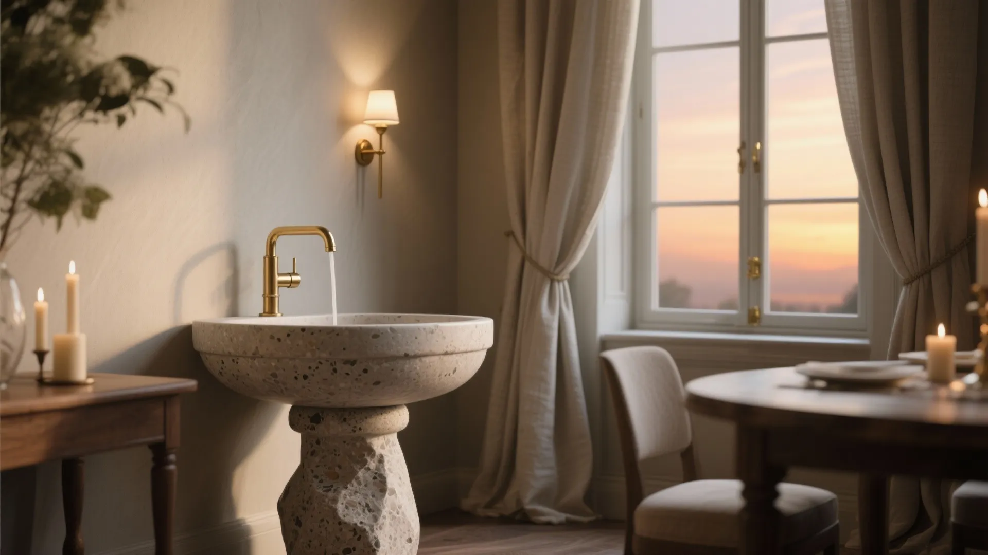 Stone sink with gold faucet in a warm room with wall light and sunset window