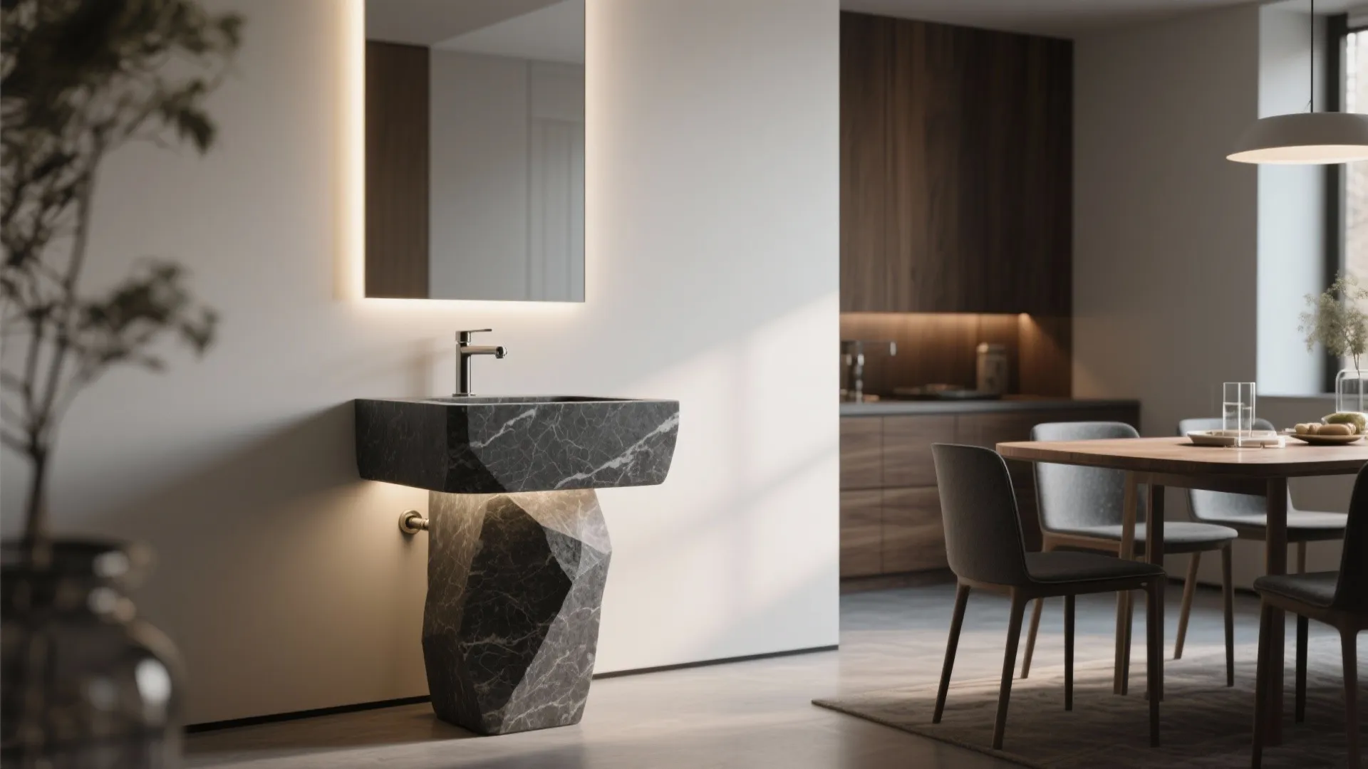 Dark marble pedestal sink with lighted mirror in modern room featuring wooden dining table and chairs