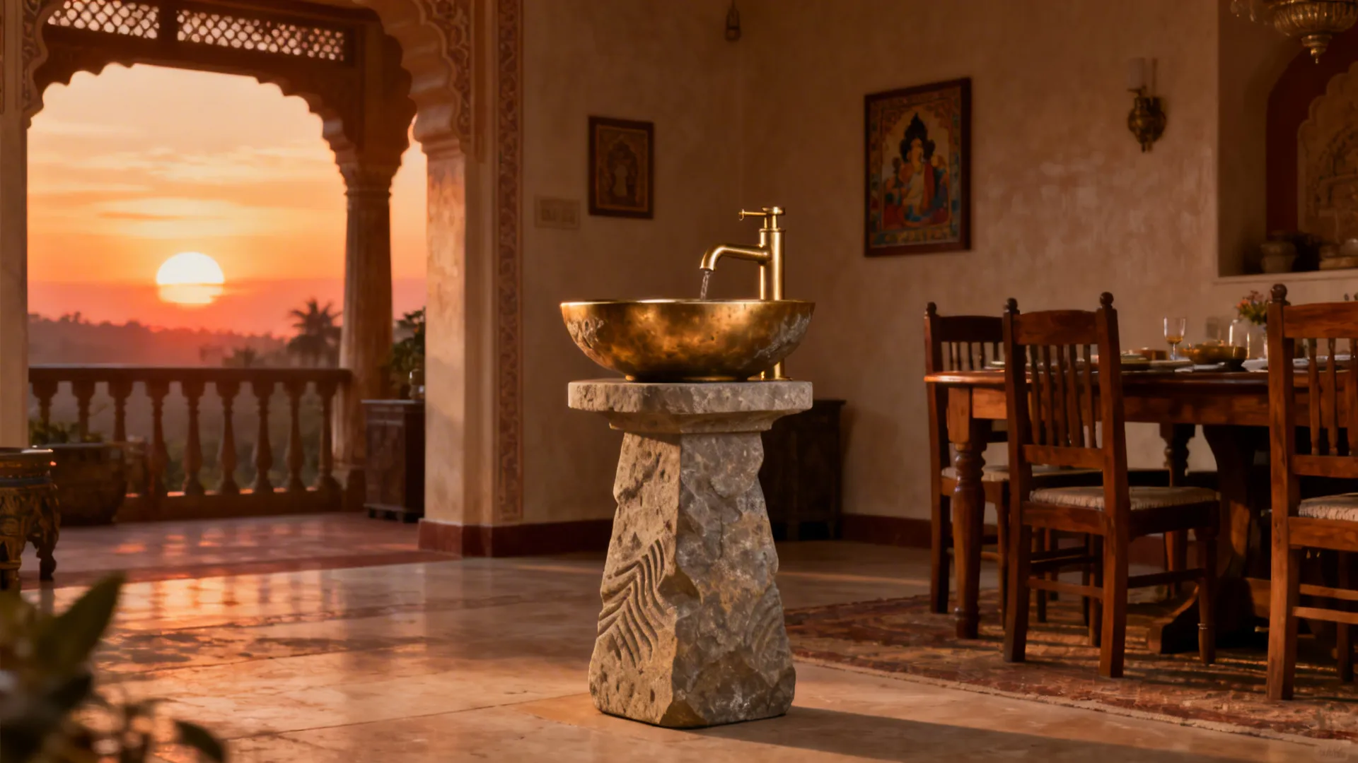 Kota stone pedestal basin with brass tap beside a warm wood dining set.