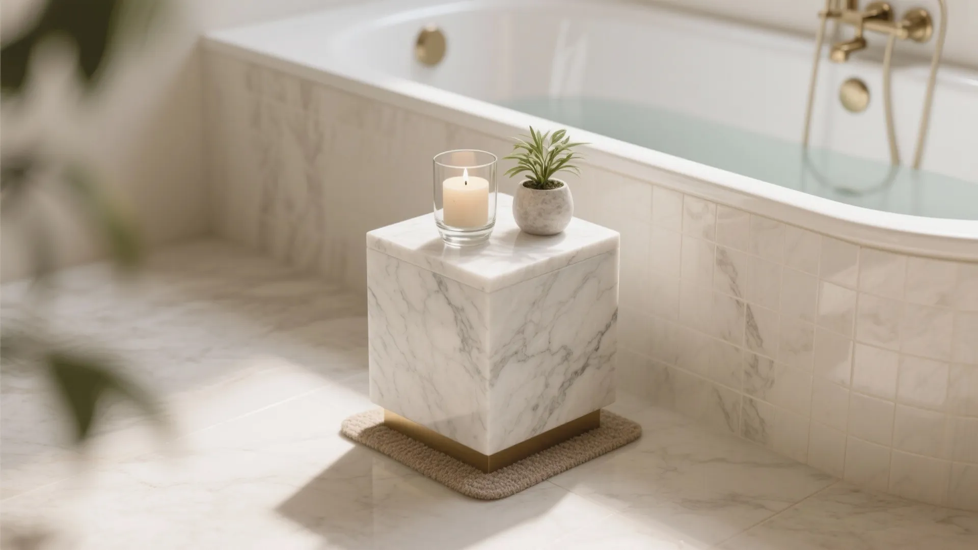 Engineered stone pedestal beside a tub holding a candle, glass, and a small plant.