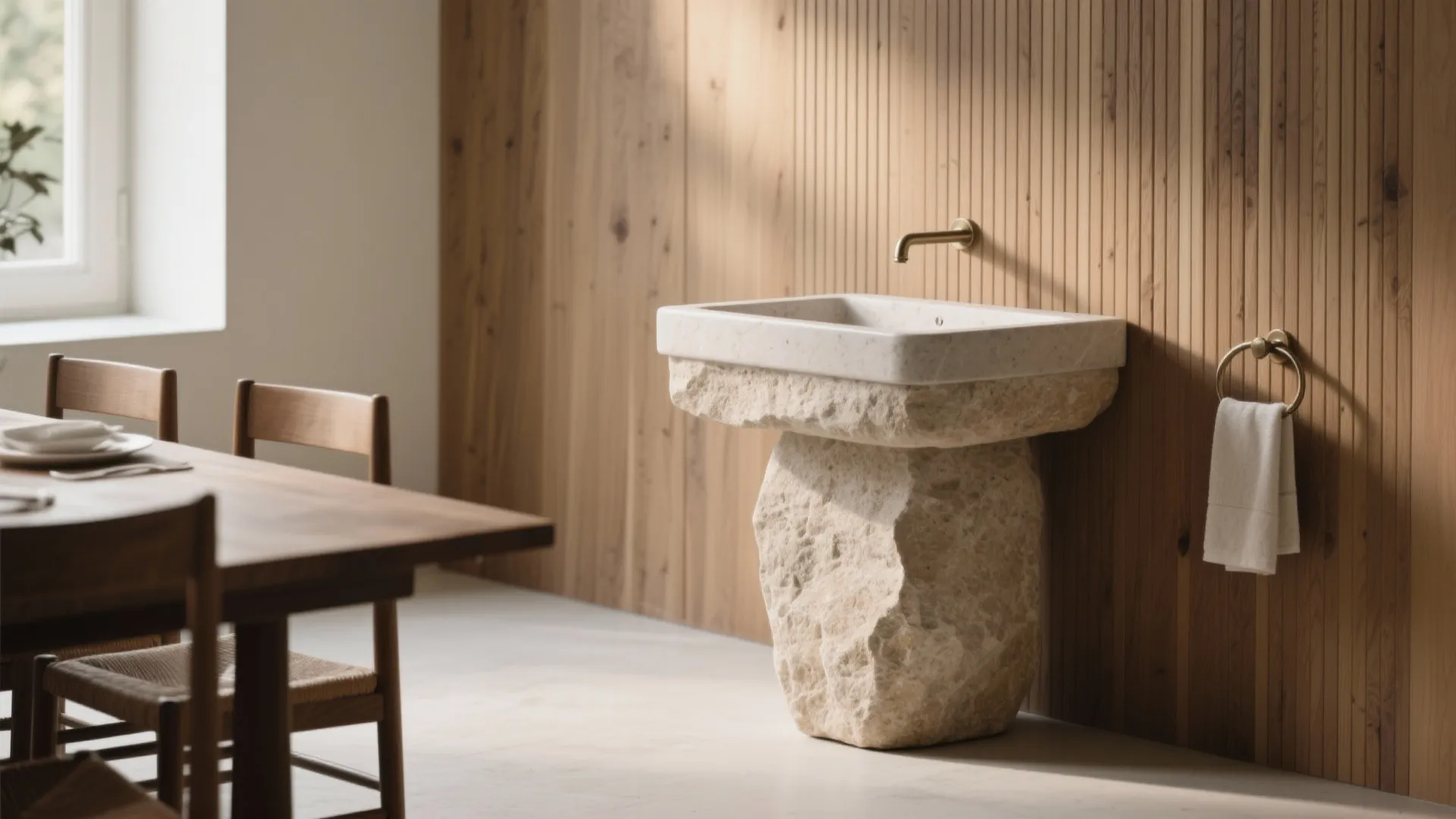 Stone pedestal sink as a sculptural focal point