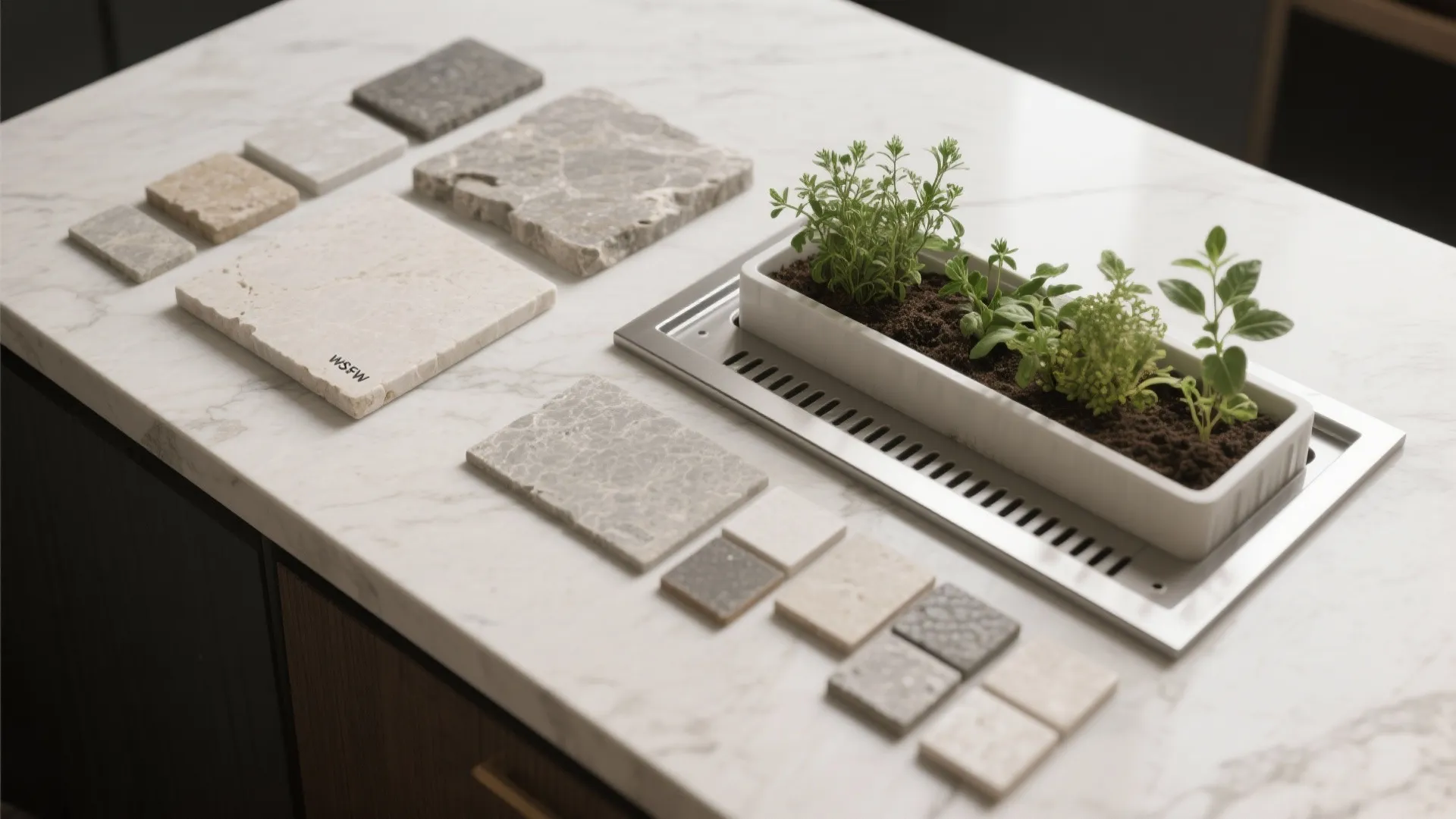 Marble kitchen countertop featuring square stone samples and small green plants in a long planter