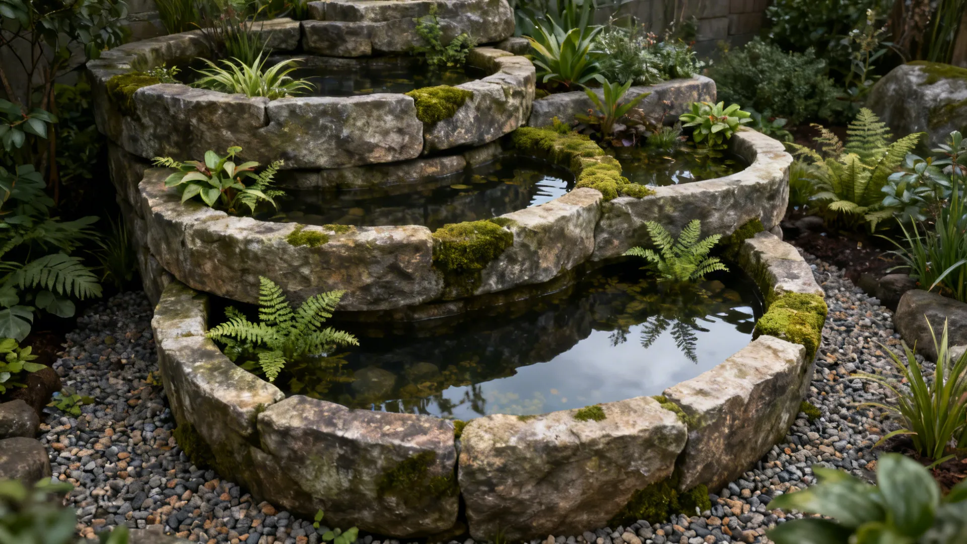 Tiered stacked stone planter pond with marginal plants and moss, creating a mini ecosystem in a small garden.