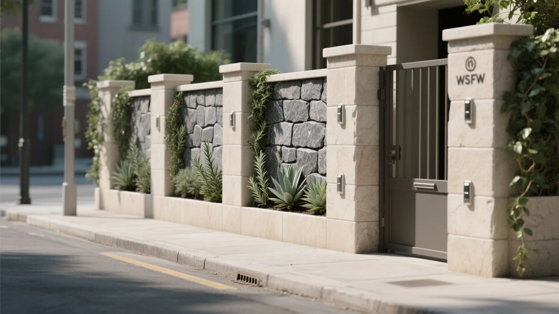 1) Layered stone with slim planter pockets