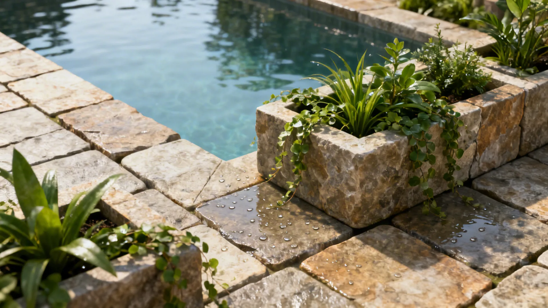 Natural stone pavers and built-in planters around a small pool with lush greenery.