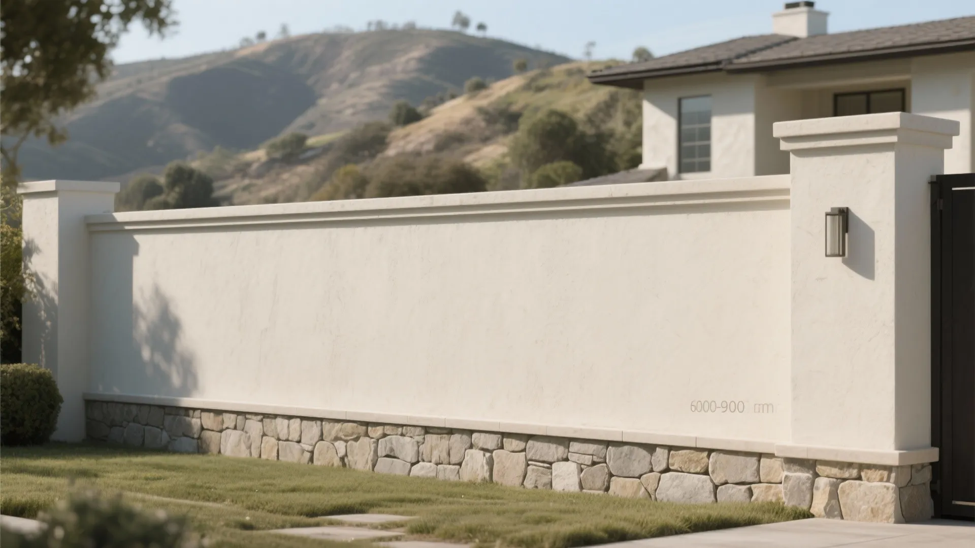 White plaster garden wall with a stone base and black wall light fixture near lawn