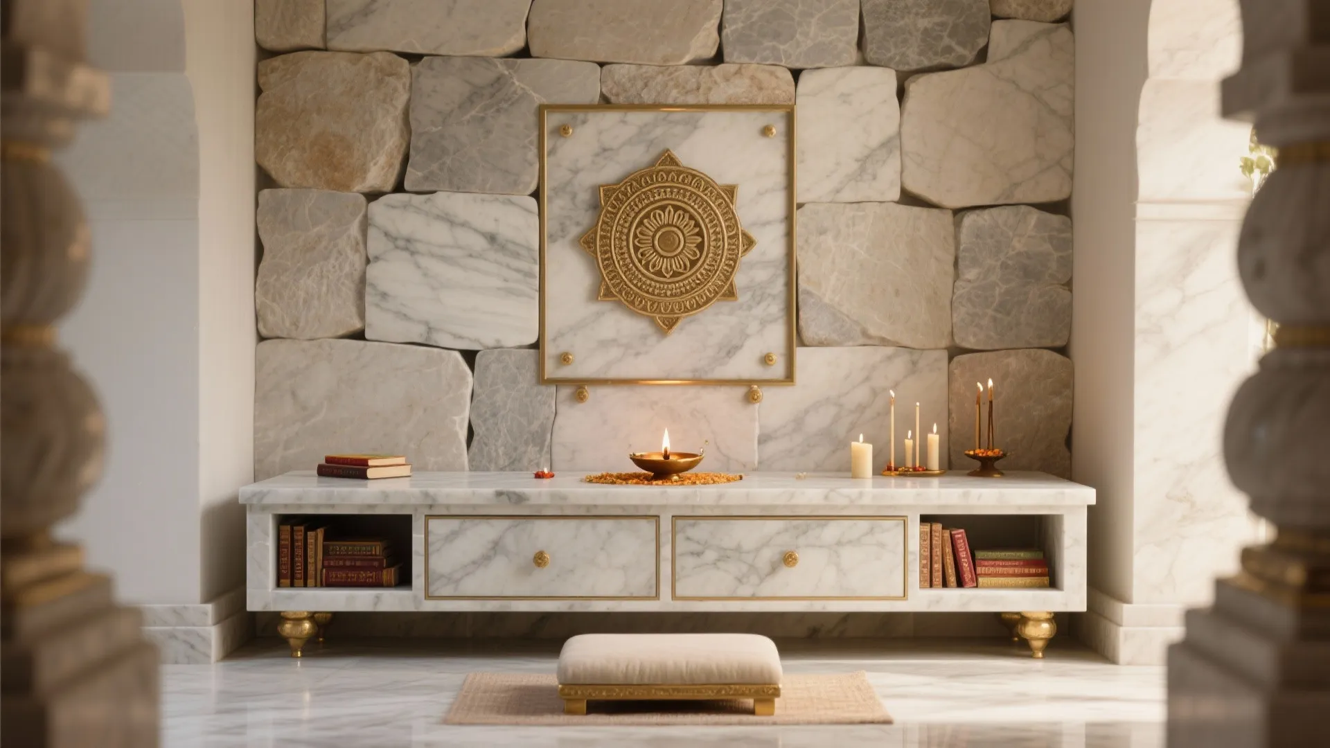 4) Stone-clad feature with a drawer plinth