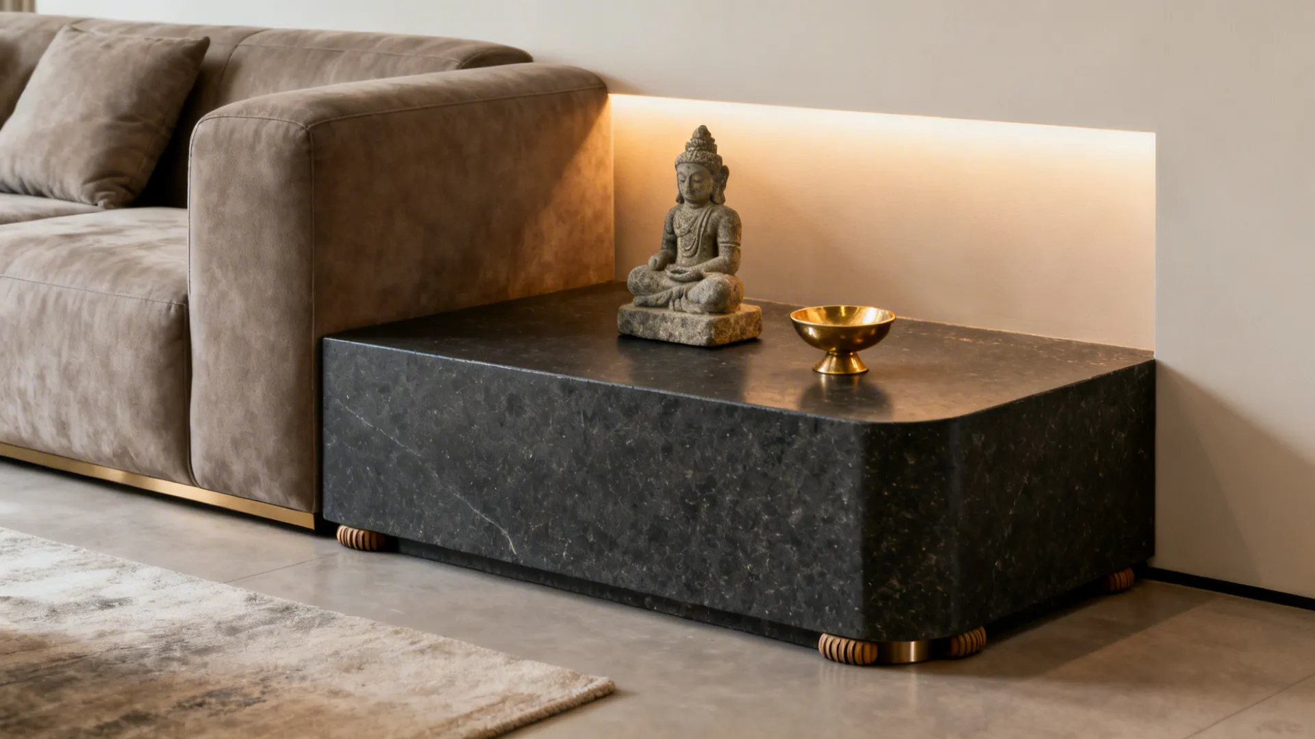 Honed basalt plinth with a small idol and brass diya lit by a soft uplight in a living room.
