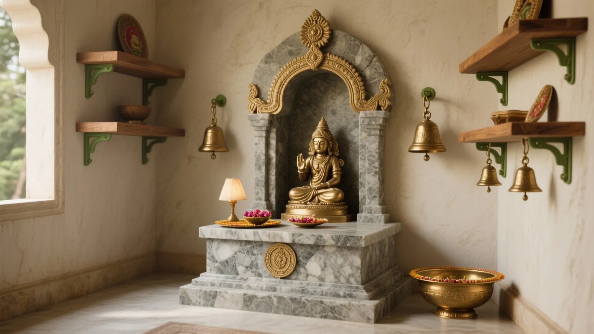 Marble prayer altar with golden statue hanging bells wooden wall shelves and small table lamp light