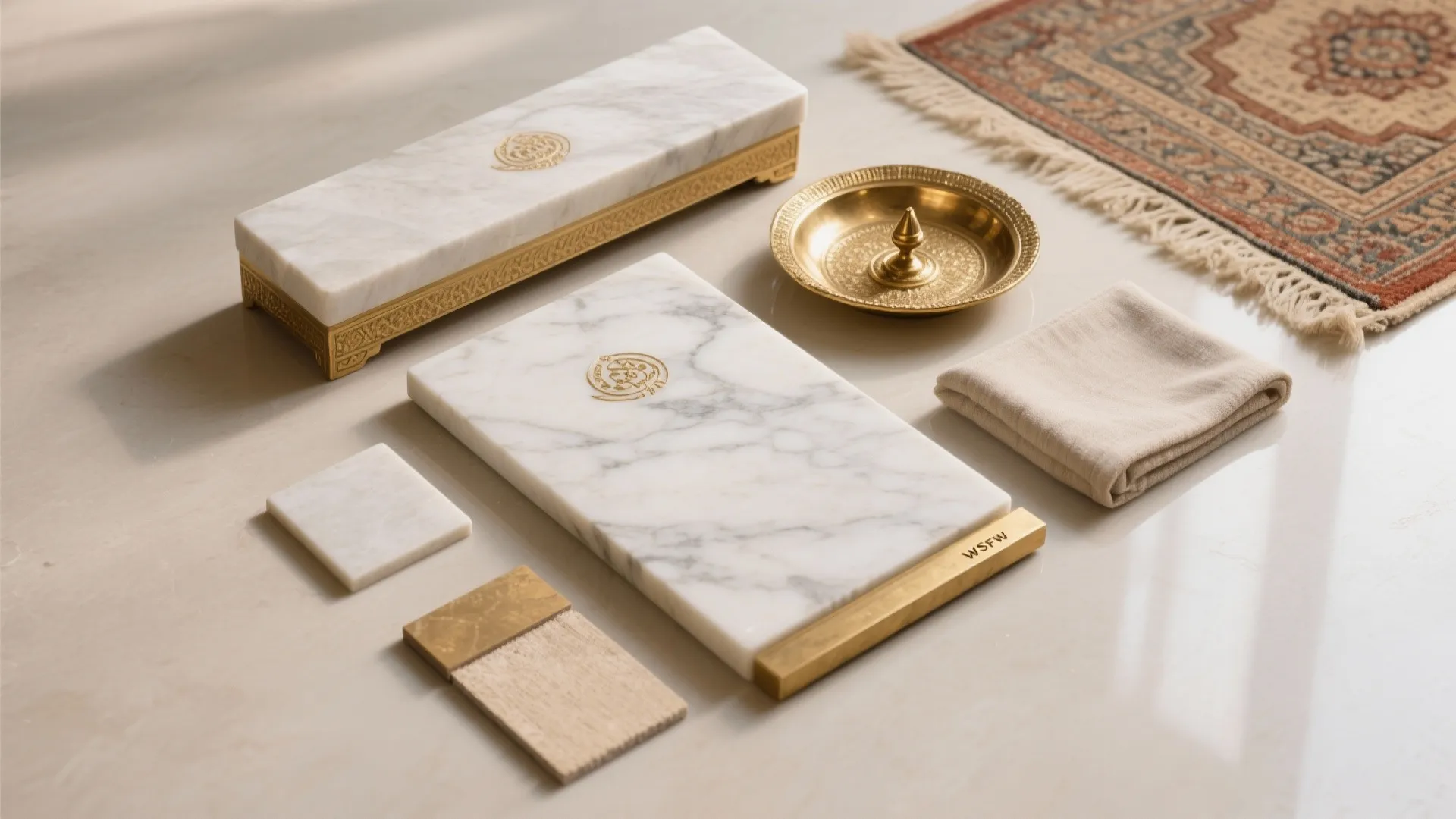 Top-down material flatlay with marble, kota stone, brass plate, and neutral fabric.