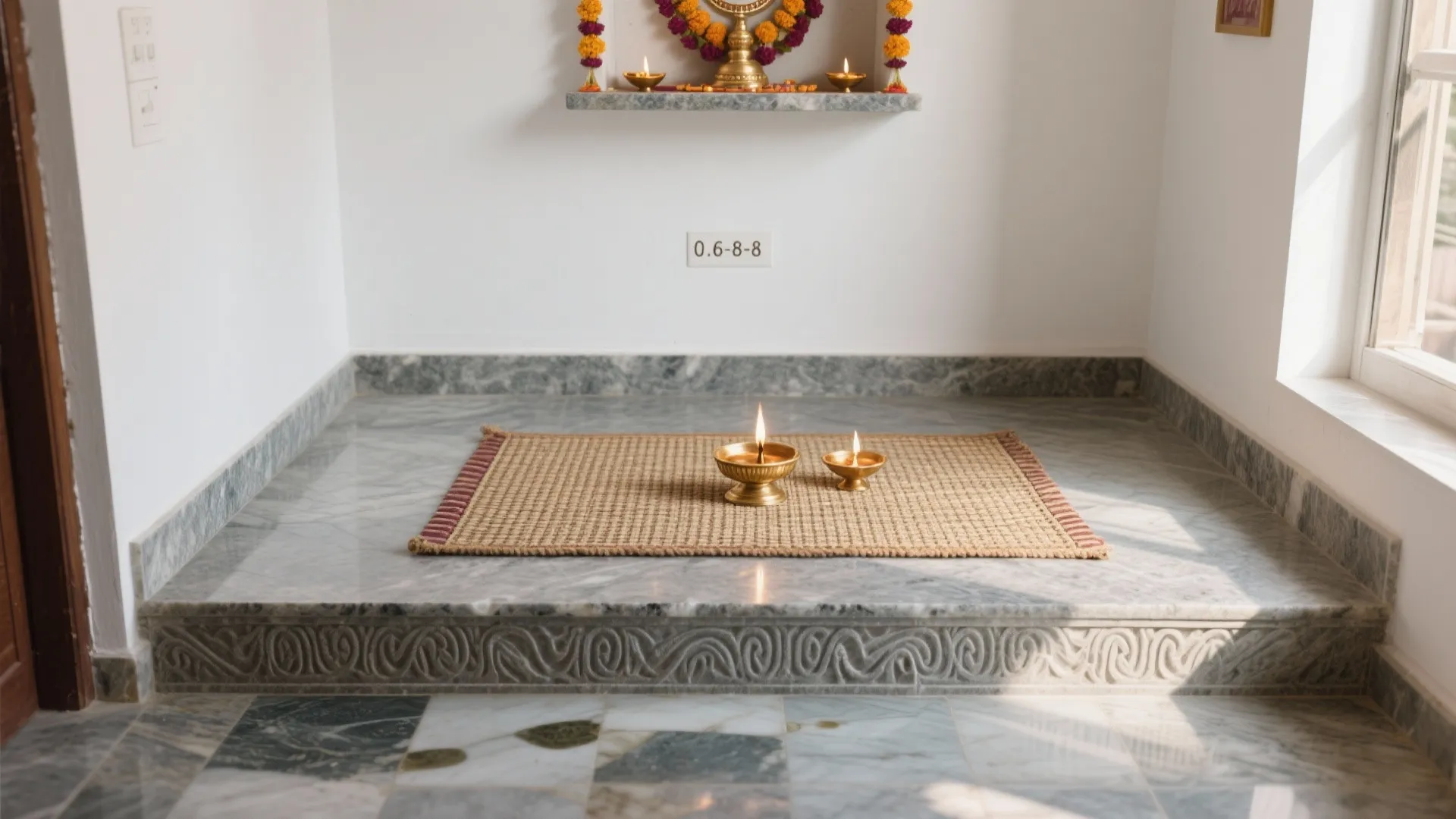 Marble floor with small rug holding two brass oil lamps in a bright prayer room