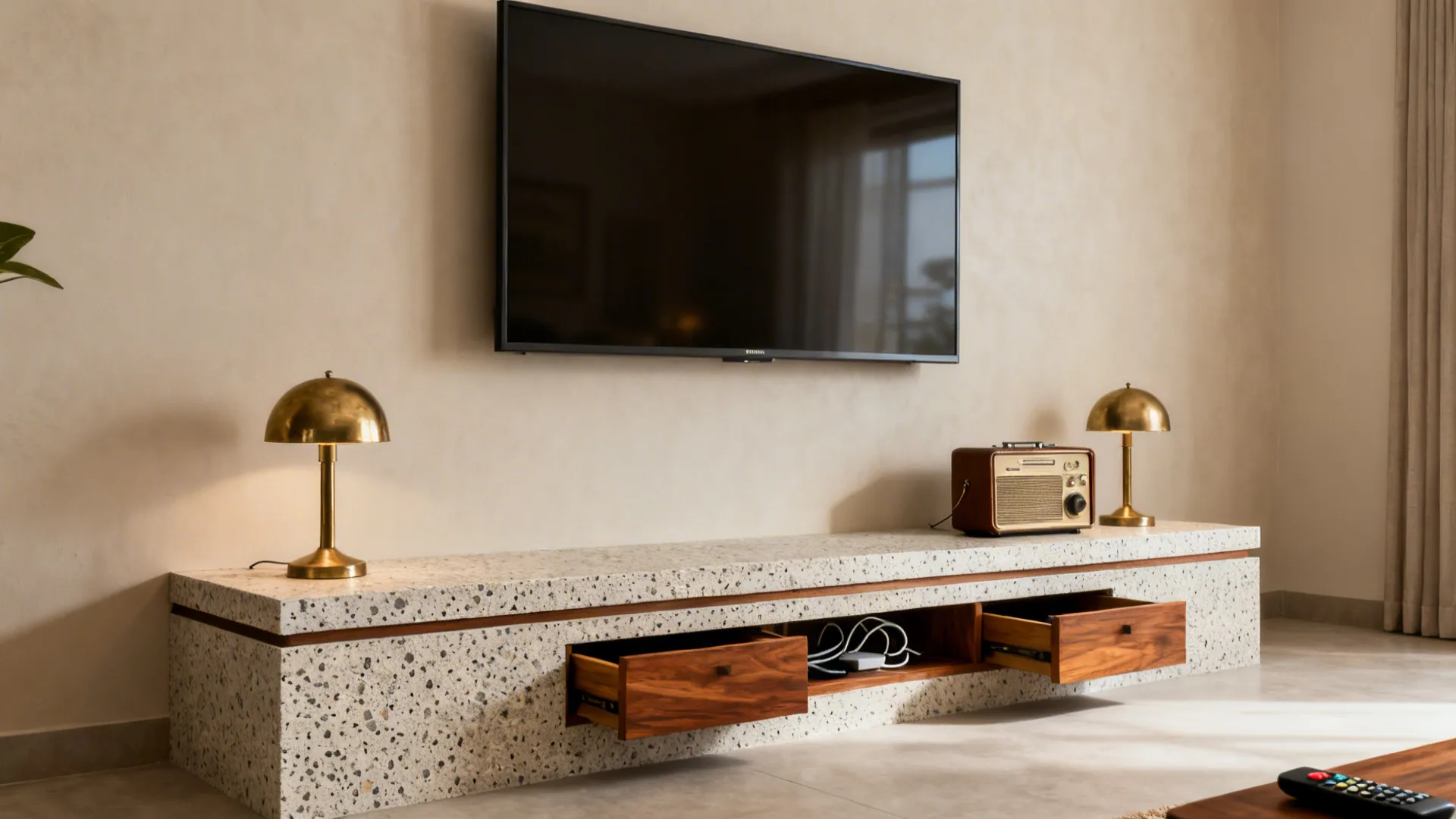 Low stone-topped plinth under a slim TV with brass lamps, hidden drawers, and a refined shadow gap.