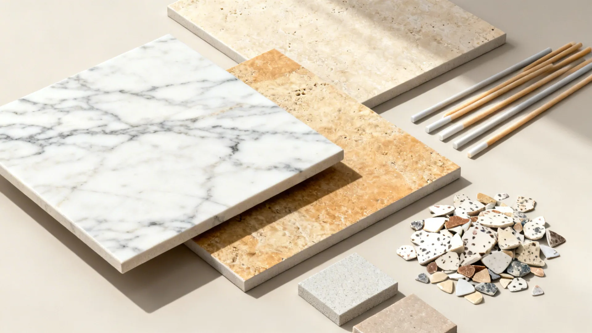 Flatlay of marble, travertine, and terrazzo-look porcelain samples with grout sticks.