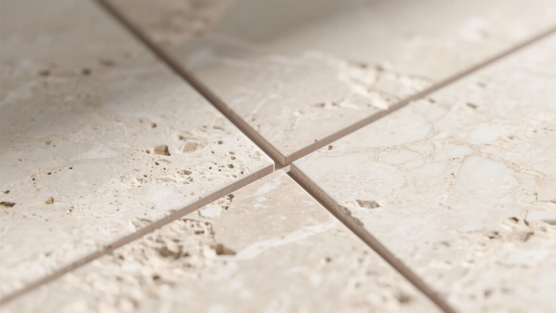 Close up of beige stone floor tiles with natural textures and clean grout lines for flooring