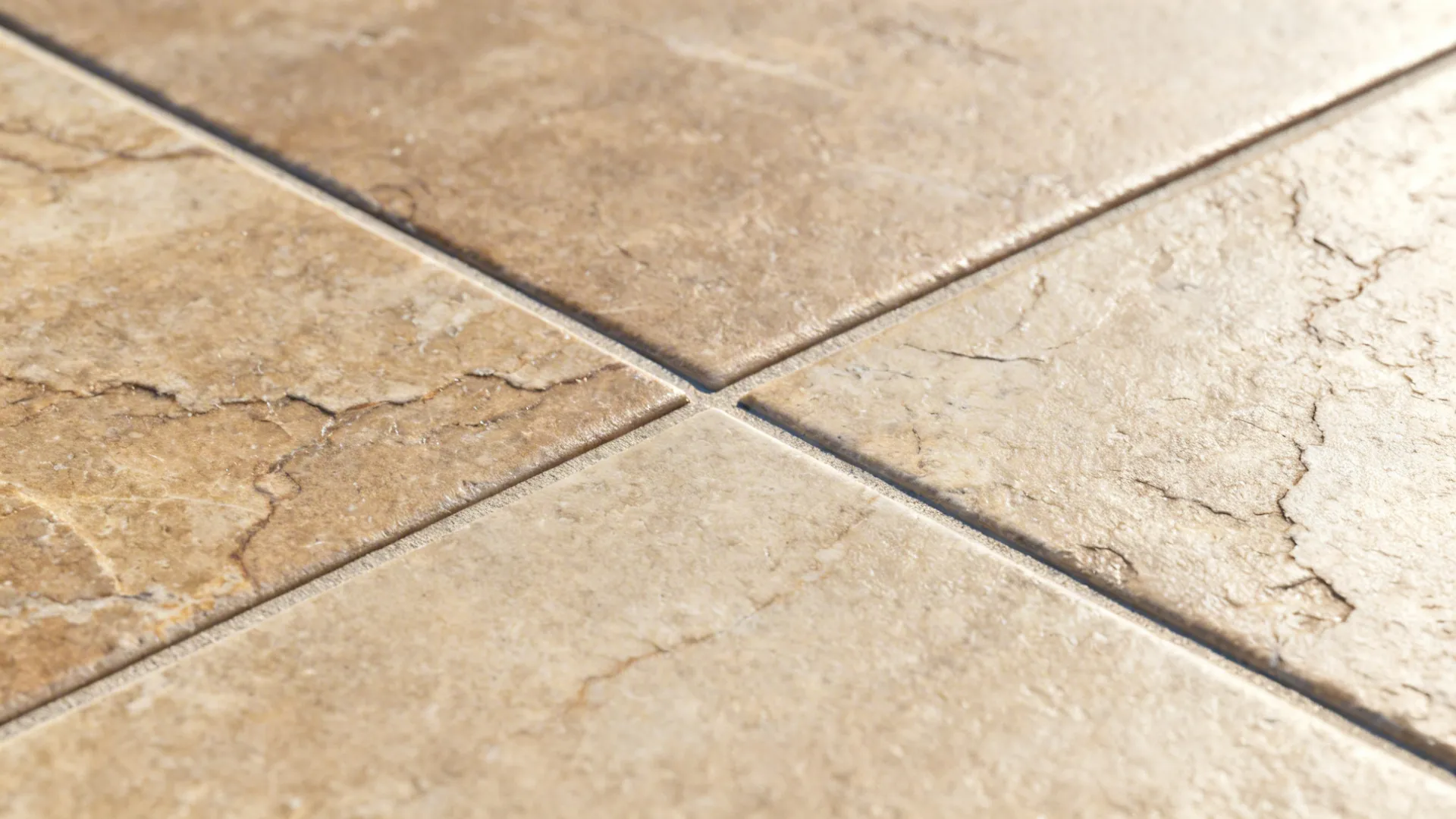 Macro of stone-look porcelain tile with micro-texture and fine grout line.