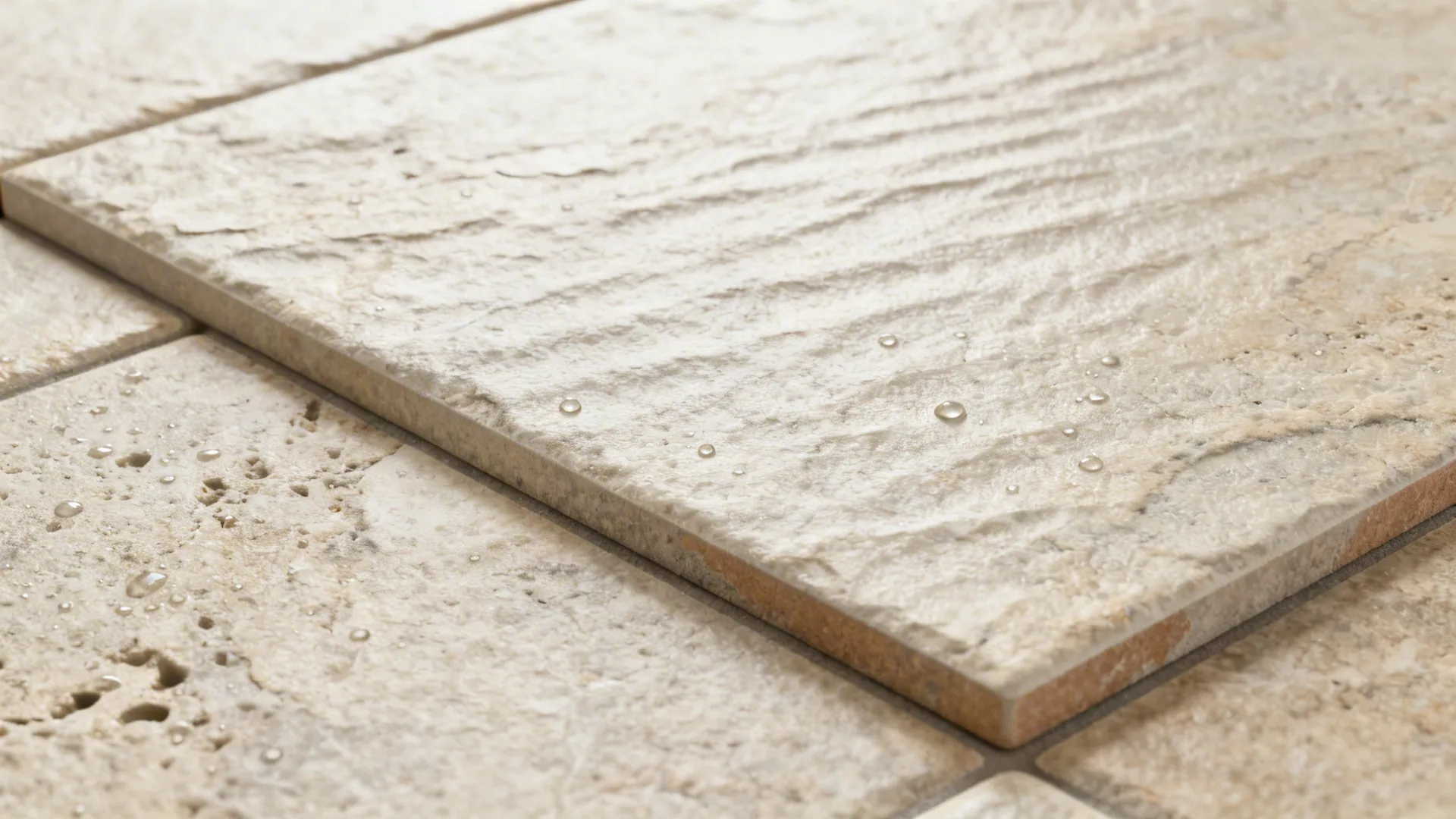 Macro of limestone-look porcelain showing tactile texture and subtle color variation.