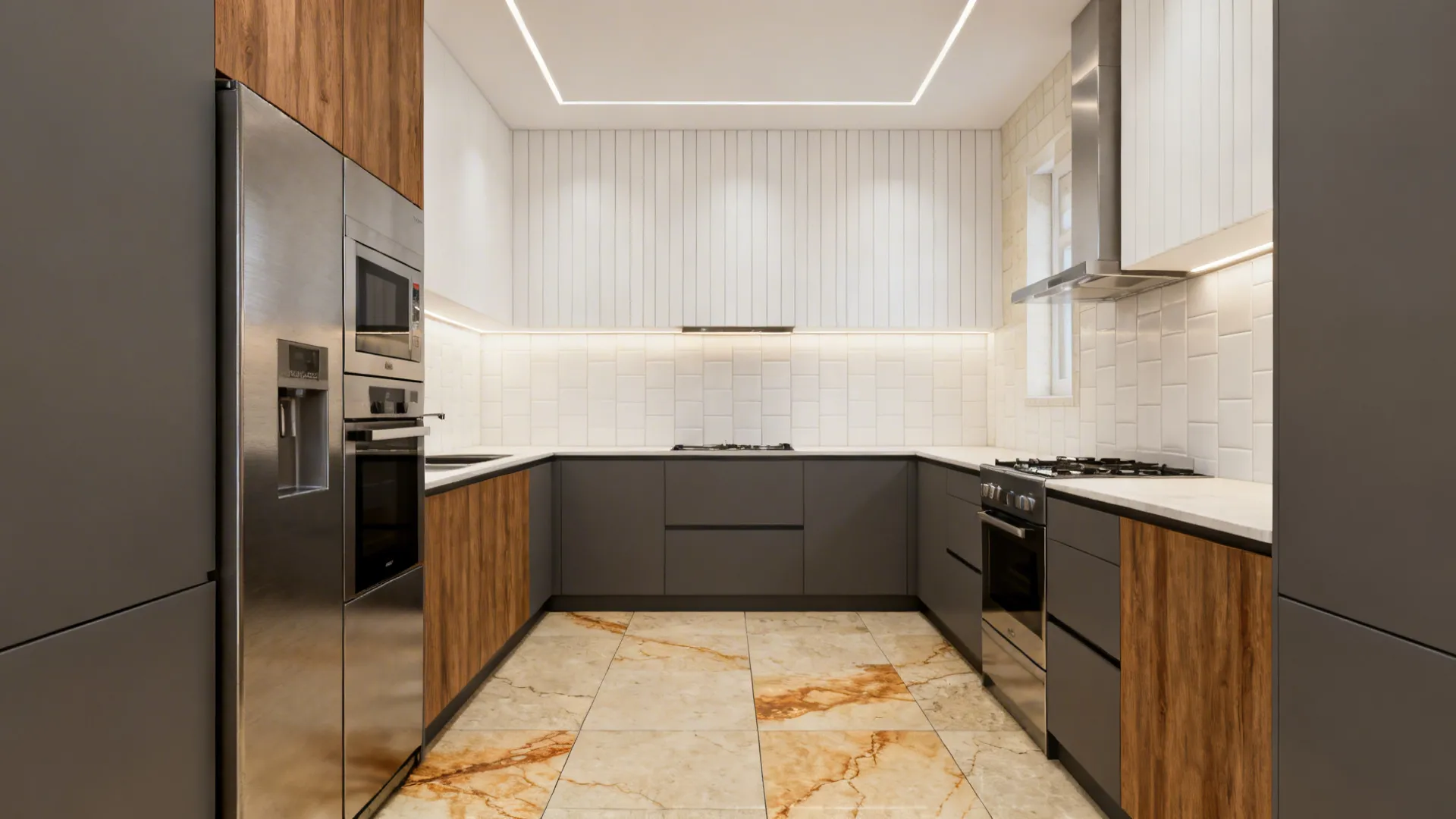 Compact kitchen with stone-look porcelain floor and vertically stacked rectangular white backsplash.