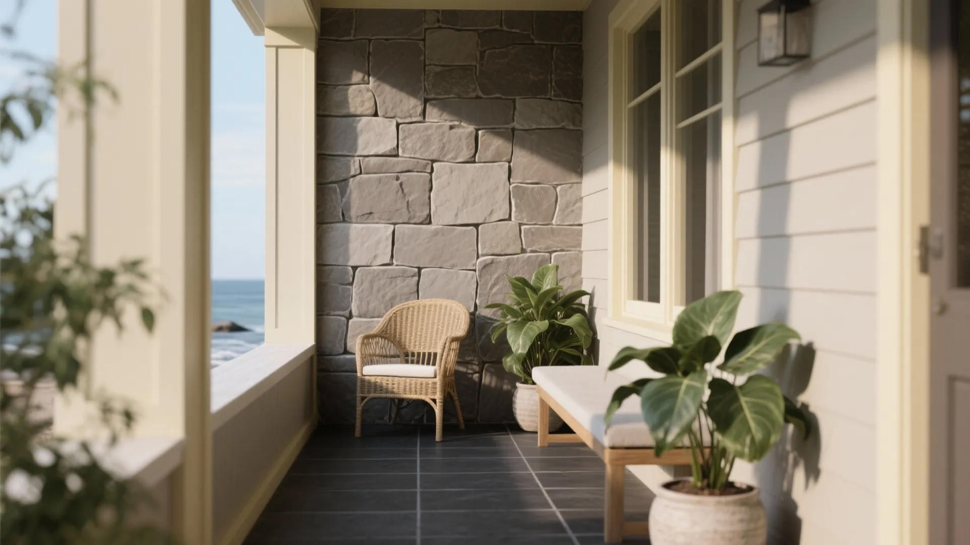 Textured stone-look porcelain for a grounded welcome