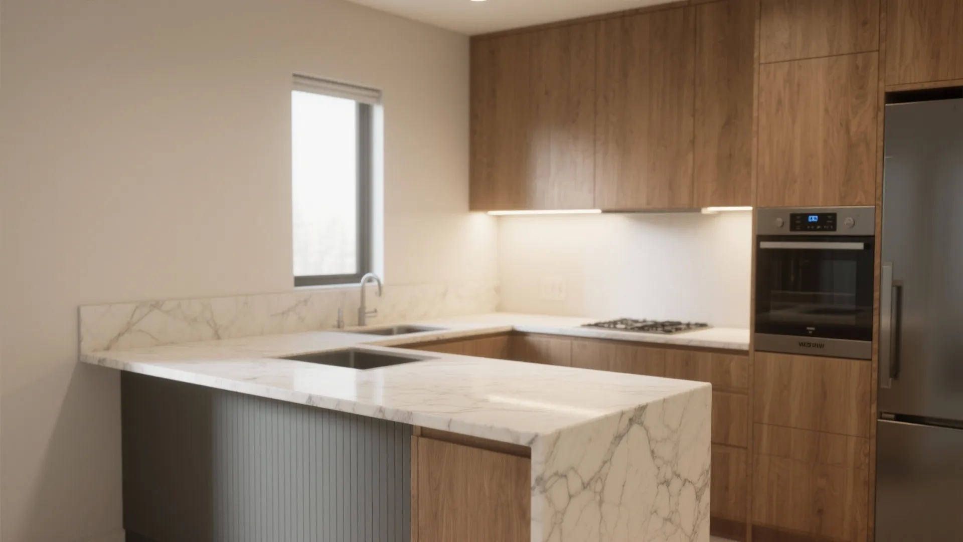 Modern kitchen with marble countertops wooden cabinets stainless steel oven and a large silver fridge