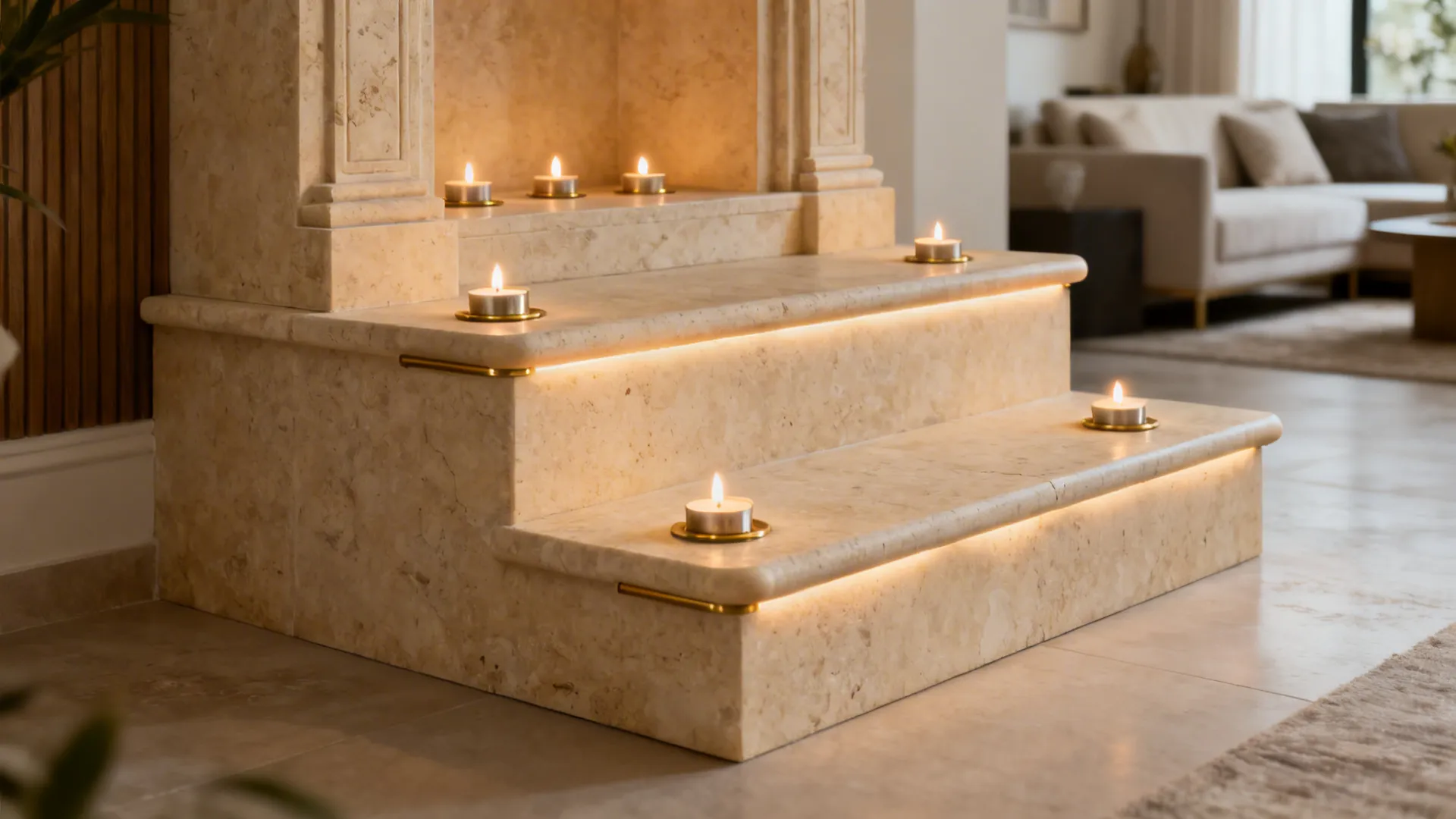 2) Stone-clad risers with concealed diya ledges