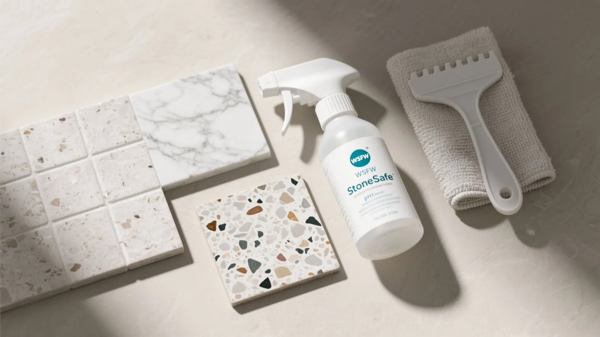 Stone cleaning spray bottle with marble tile samples a white scraper and a soft cloth