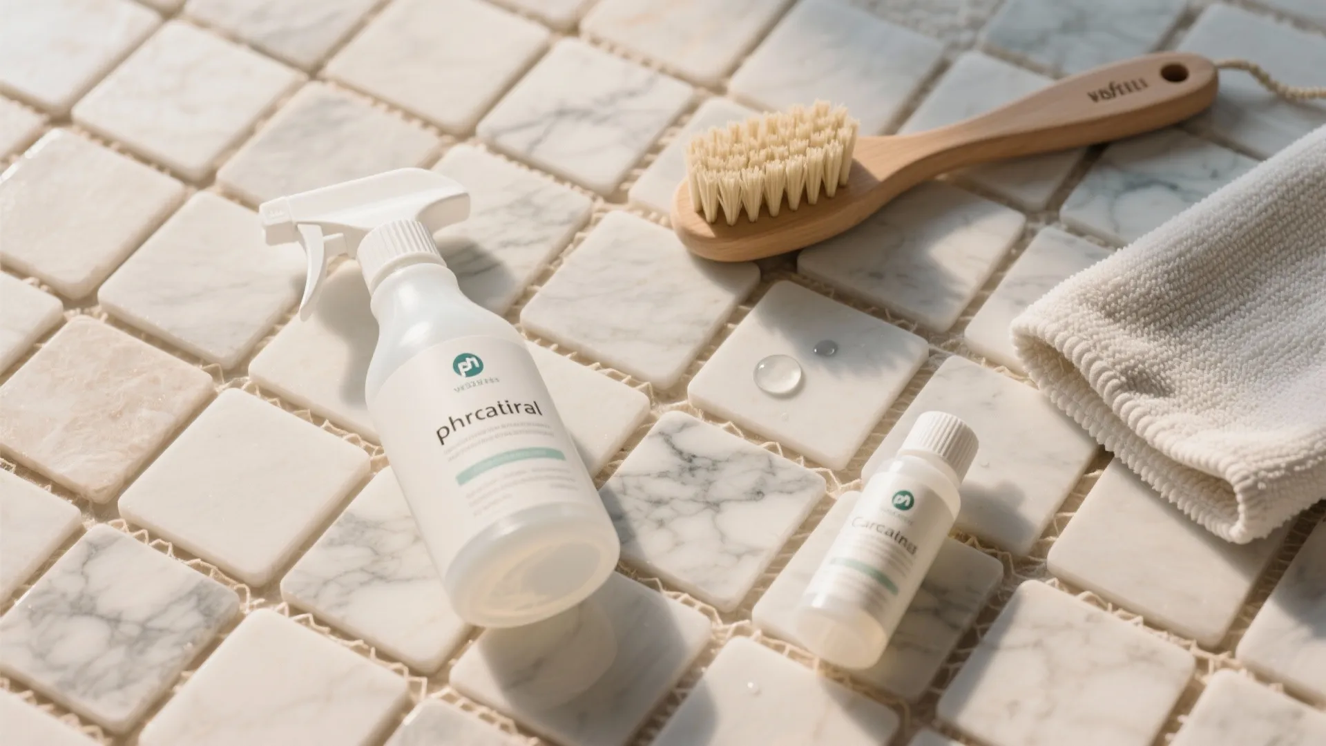 Cleaning spray bottle with wooden brush and white towel on marble bathroom floor tile surface