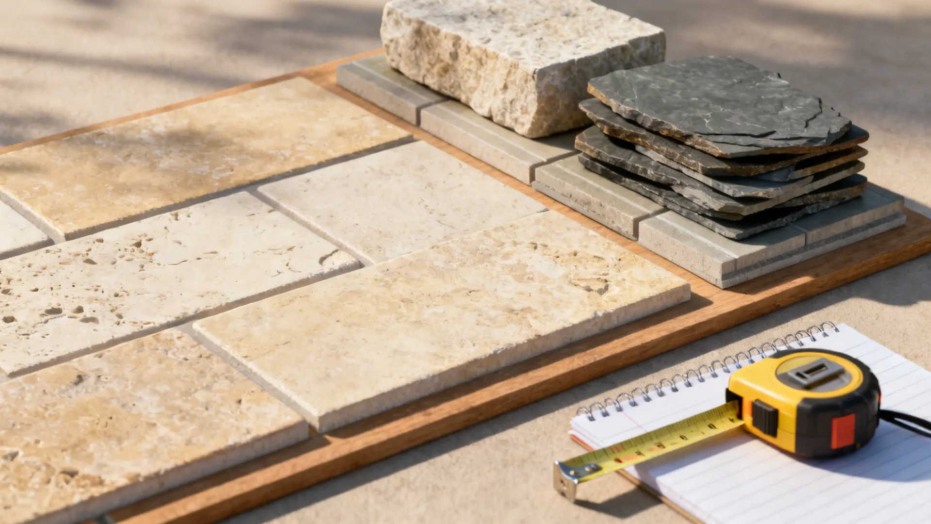 Stone and tile samples with measuring tools for choosing fireplace materials