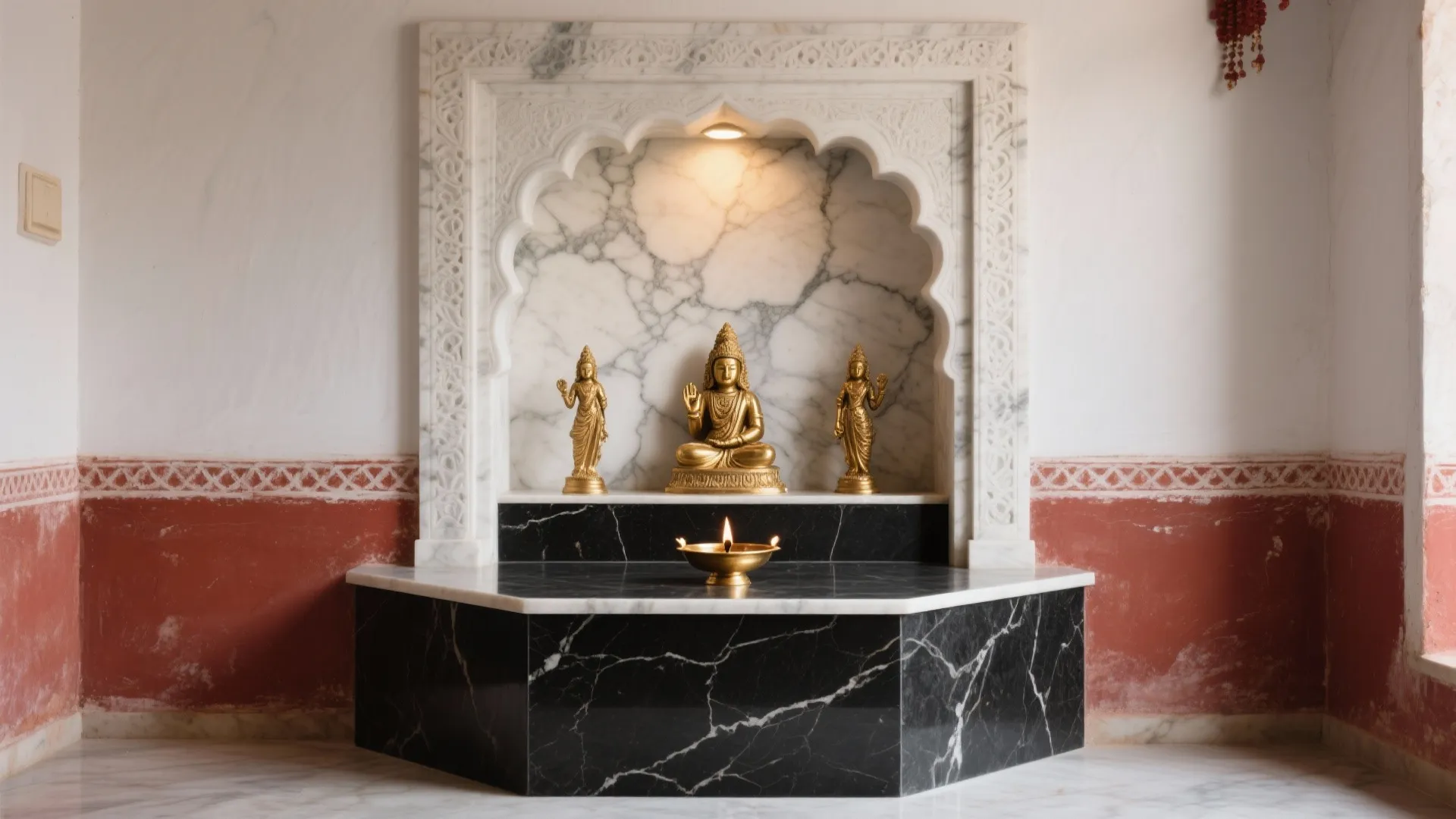 Stone Sanctum: Granite Platform, Marble Backdrop, Red-Oxide Warmth