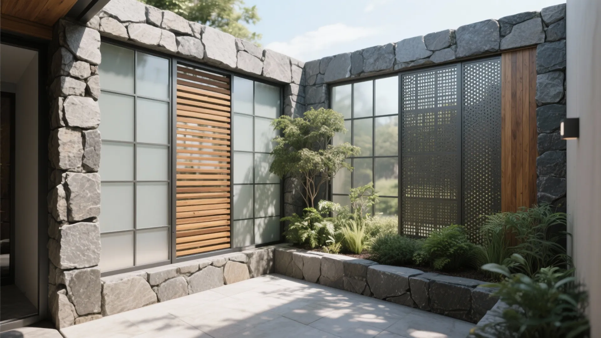 Stone wall patio with large windows wood panels and green plants in a modern courtyard