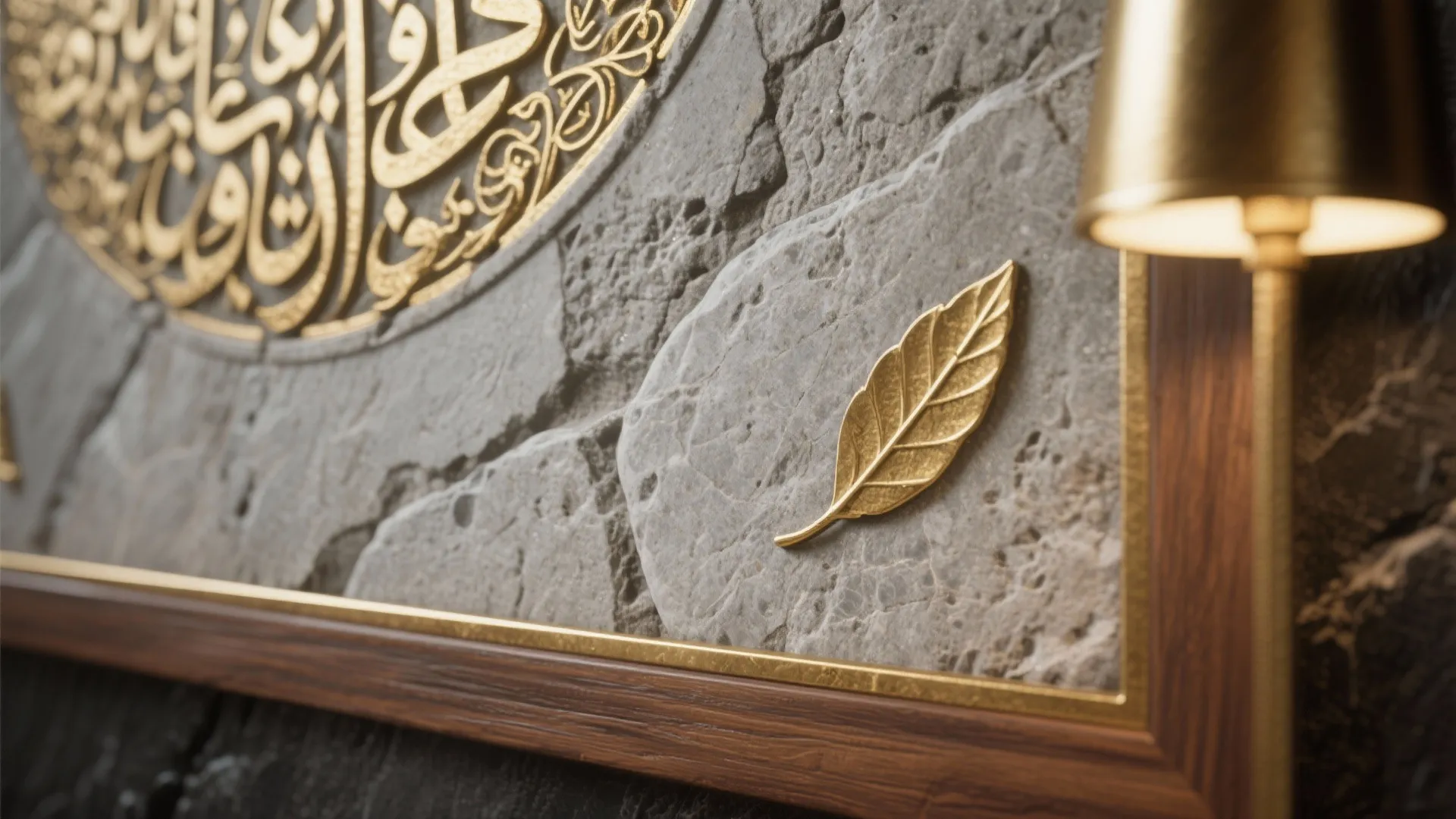 Close up of stone wall art with gold leaf detail and warm light in room