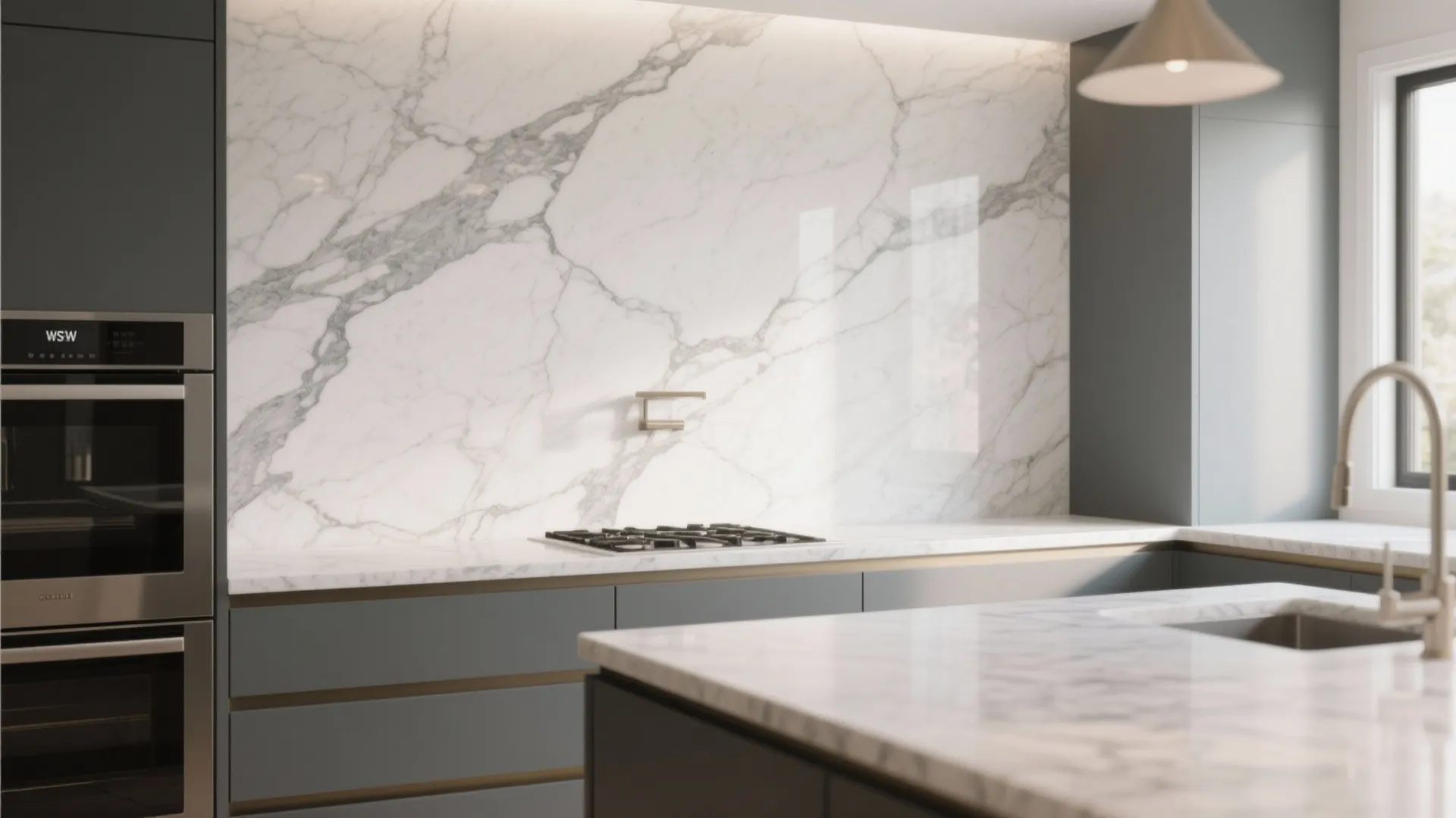 Modern kitchen featuring large white marble wall panel behind stove with grey cabinets and sink