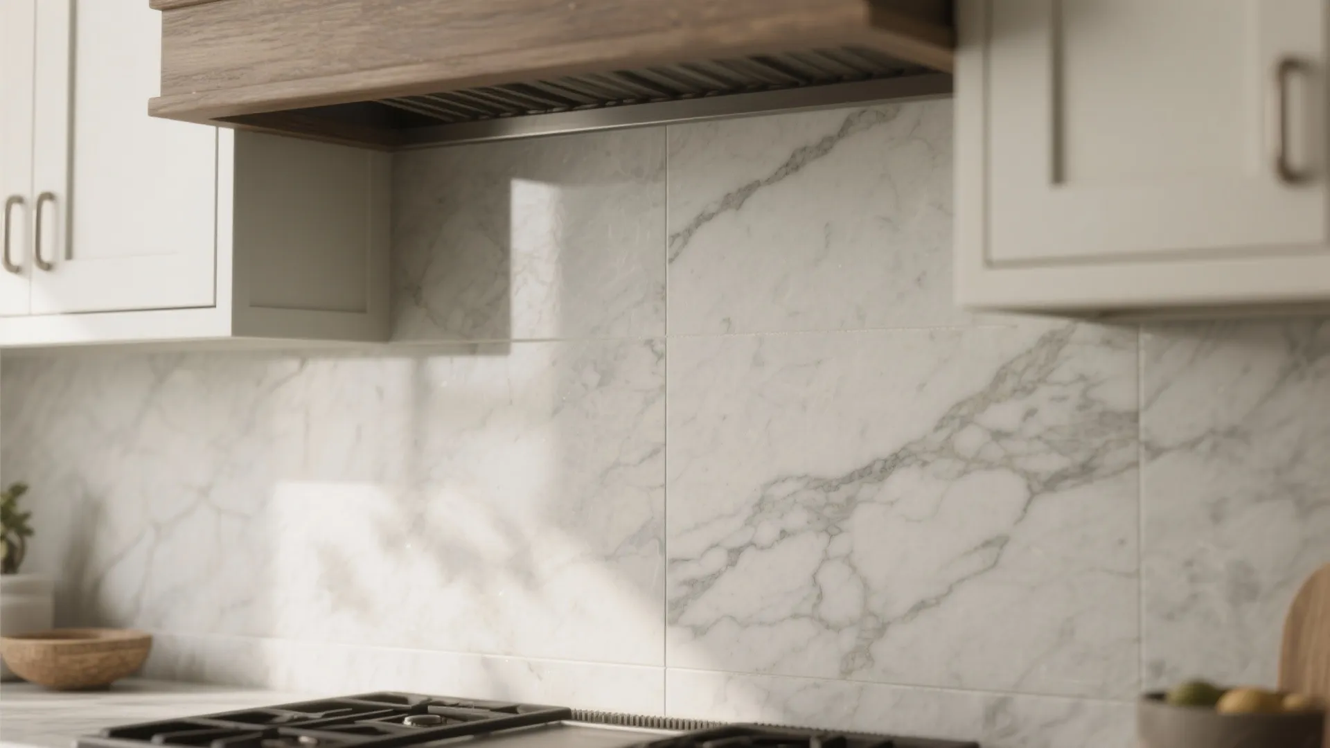Honed soapstone or marble slab backsplash with subtle veining beside white cabinets.