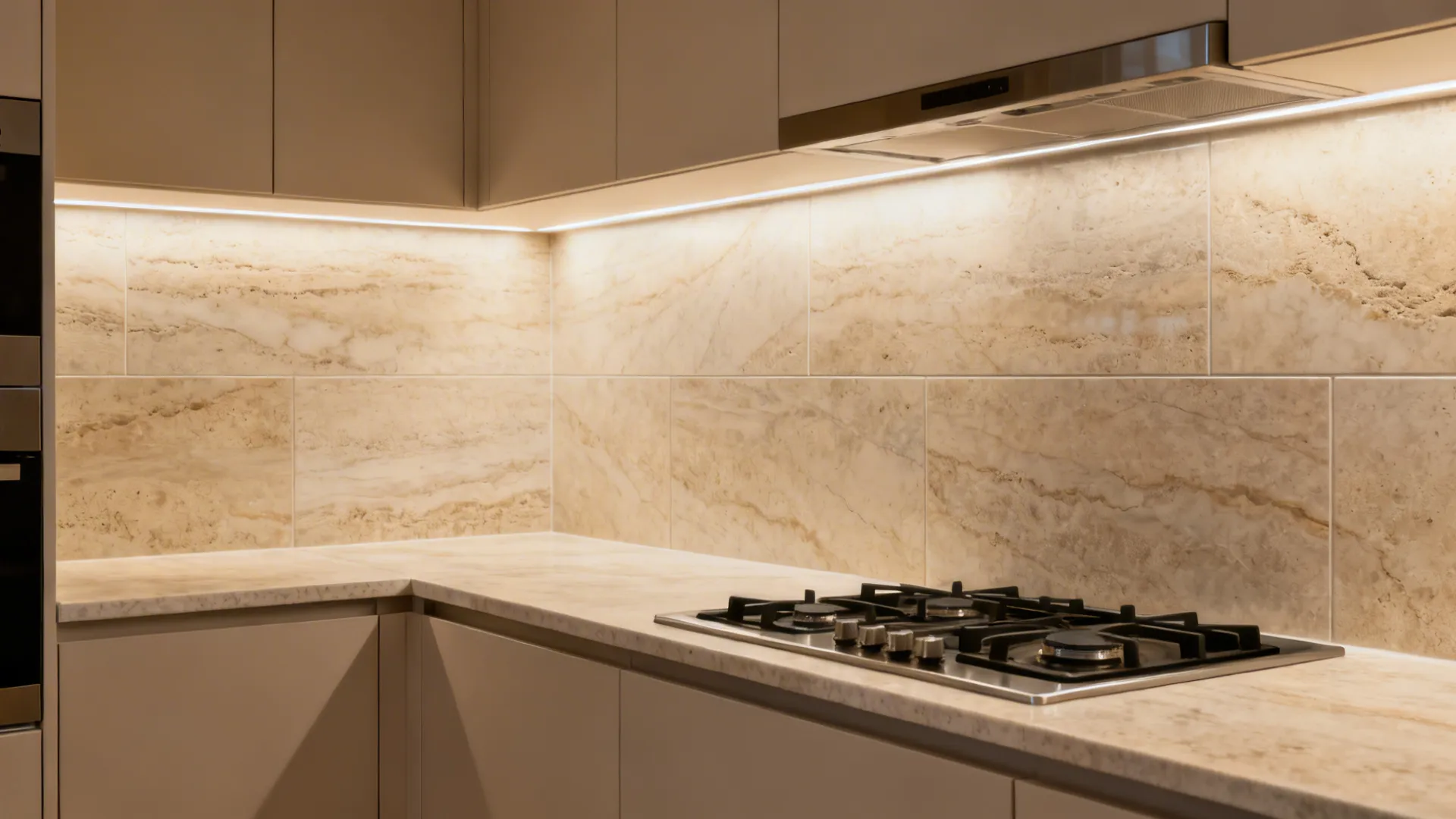 Modern kitchen corner with stone wall panels marble countertop gas stove and warm cabinet lights