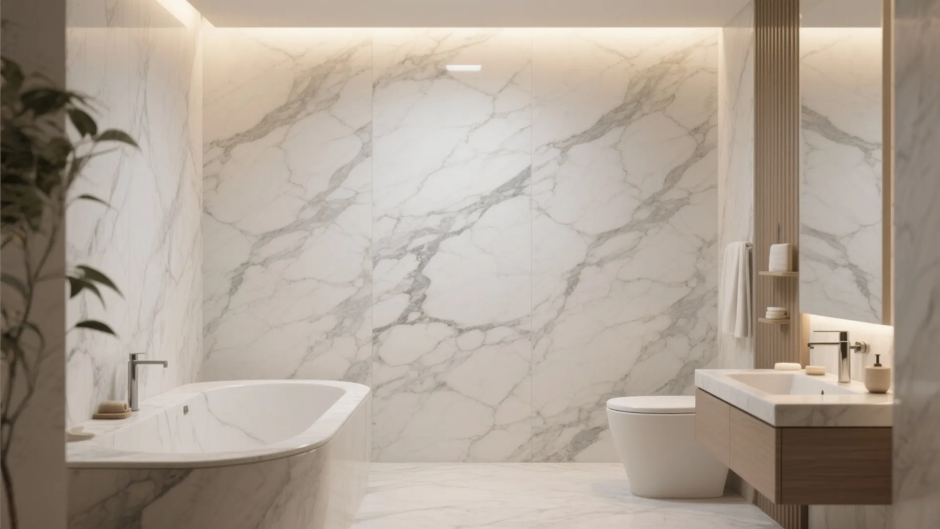 Modern marble bathroom with a white bathtub toilet sink cabinet large mirror and warm lighting