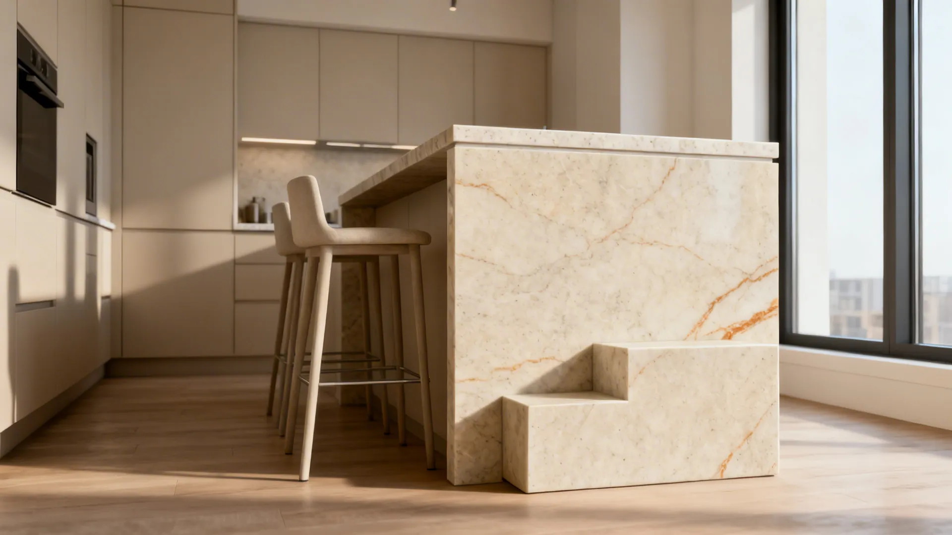 Seamless creamy quartzite slab on an island riser in a compact modern kitchen.