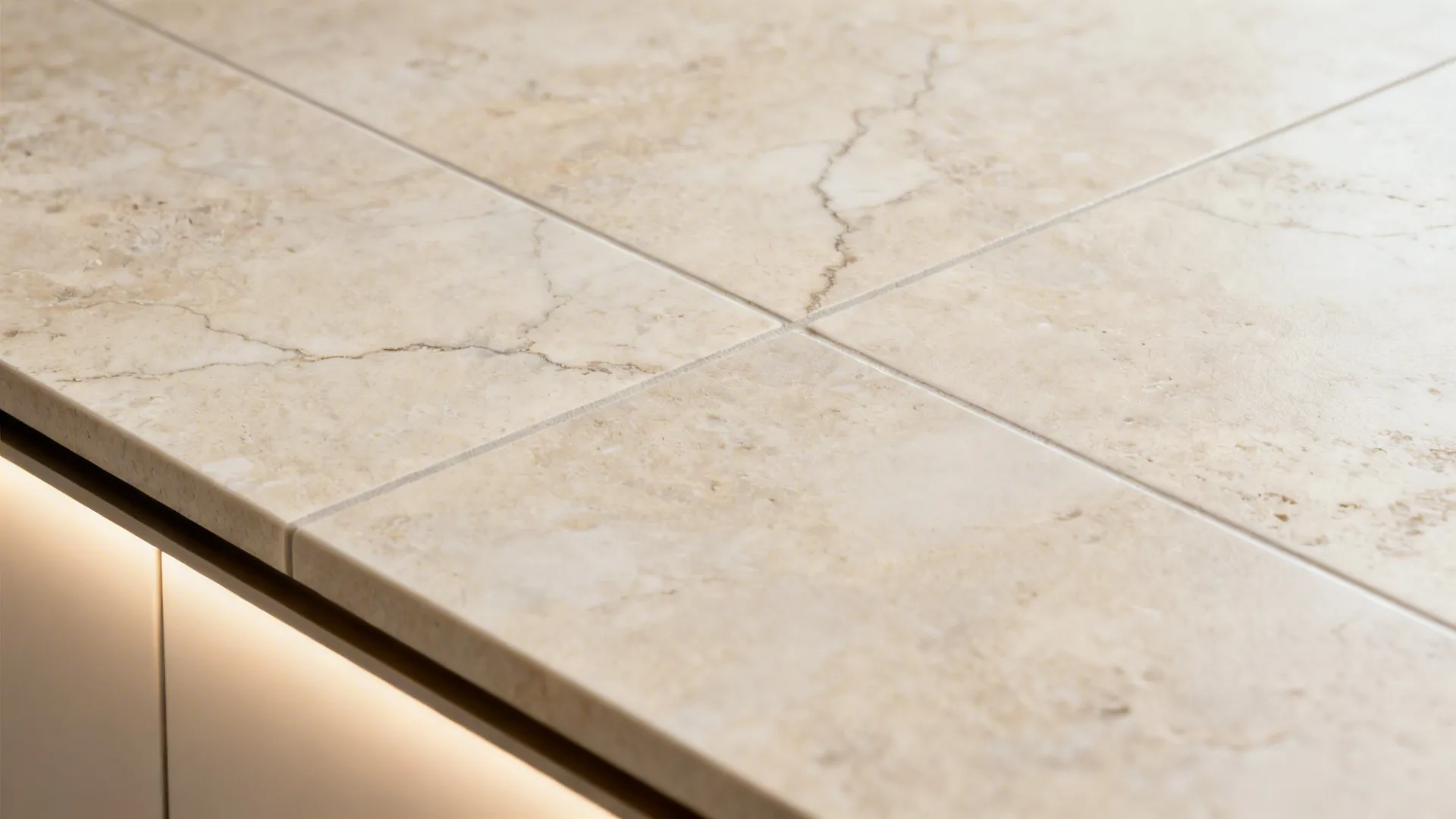 Beige marble tiles on a modern kitchen countertop with warm light fixture under the white cabinet