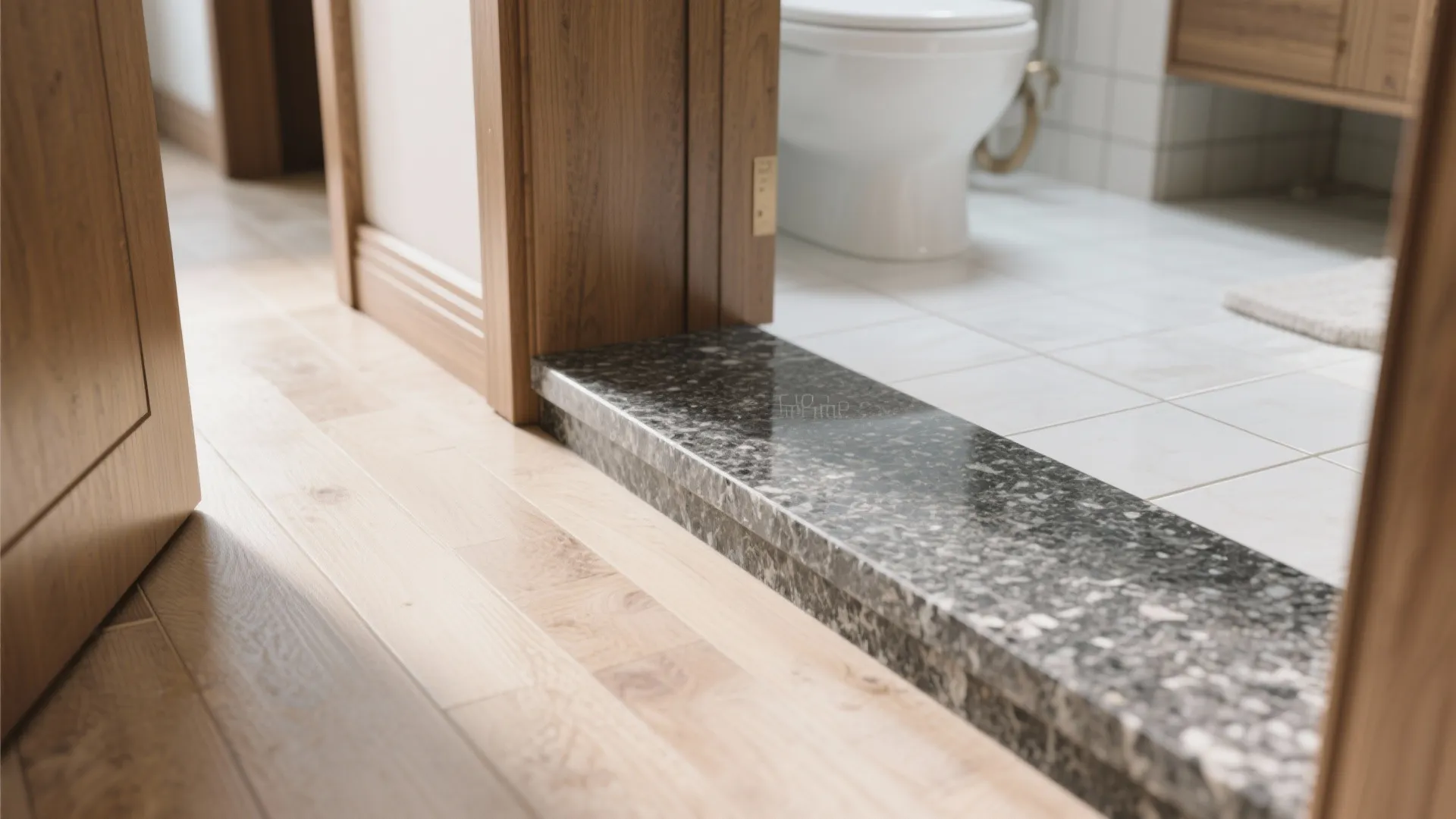 Dark marble door sill transition between light wood flooring and a bright white tiled bathroom