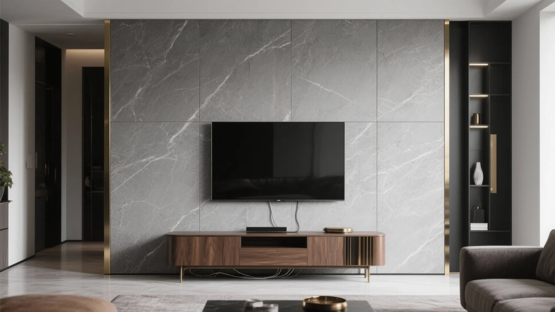 4) Stone-Like Slab Backdrop With Metal Trim